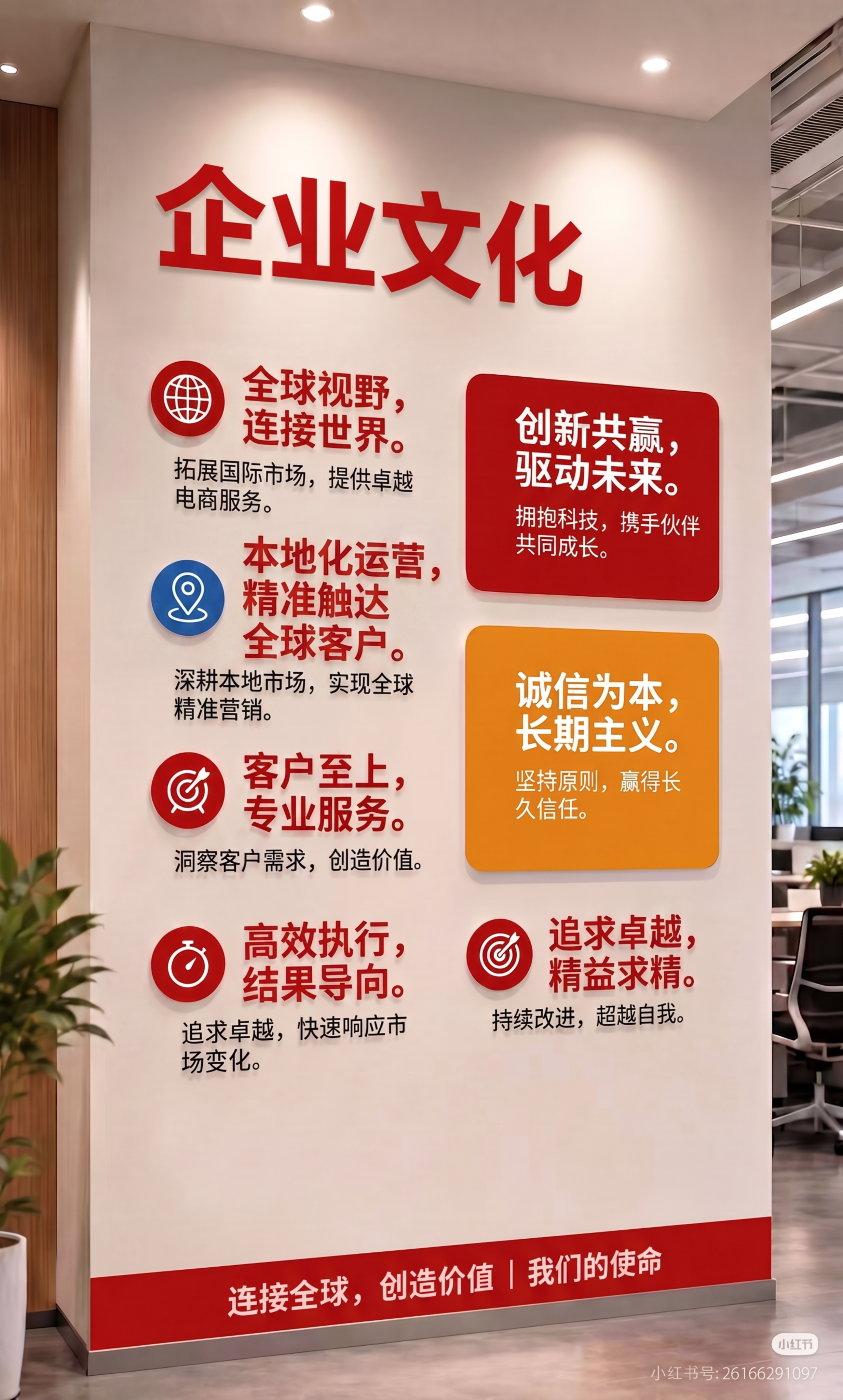 保留原企业文化墙整体版式、边框、底色与排版结构不变，仅将两个重… - 图片创意预览