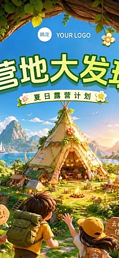 夏日露营夏令营促销宣传卡通风长图海报