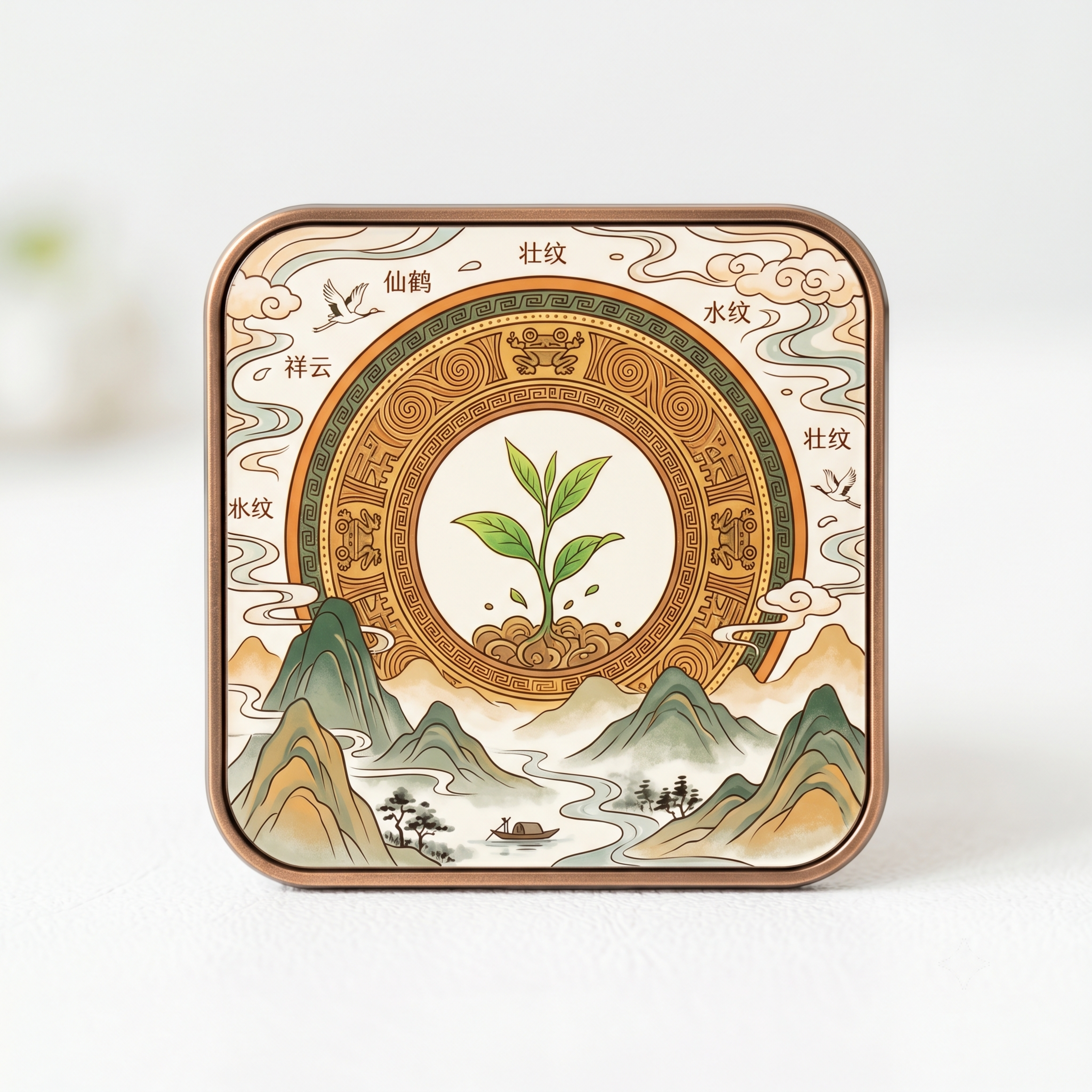 正方形圆角文创冰箱贴成品效果图，柔和线条手绘插画，中心位置壮族… - 图片创意预览