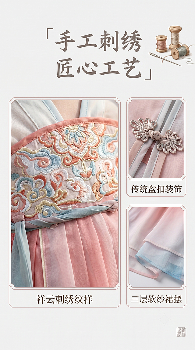 [第3屏] 粉色渐变女童齐胸襦裙汉服刺绣工艺细节展示页。本屏使用【图1】齐胸位置刺绣细节，放大展示手工祥云纹刺绣与盘扣装饰。
[标题版式] 飘逸书法标题居顶，右侧配绣花线团装饰，淡雅国风排版。
[氛围/风格] 传统工艺特写，柔和浅灰背景，细腻布光，突出刺绣立体感。
[元素布局] 画面中心放大齐胸腰襕位置的刺绣纹样，清晰展示祥云纹的针脚层次；右侧分小区域展示盘扣细节和裙摆三层软纱结构；刺绣纹样、盘扣位置与原图保持一致。
[光影质感] 侧光打亮刺绣纹理，产生自然明暗层次，凸显手工刺绣的立体凸感。
[配色色系] 全局底色 #F5F5F5；主色保留刺绣原配色，文字用棕灰色，细节框用浅粉色描边。
[视角构图] 中心特写+右侧细节宫格构图，视觉聚焦刺绣主体。
[文字版式] 顶部主标题「手工刺绣 匠心工艺」，标注「祥云刺绣纹样」「传统盘扣装饰」「三层软纱裙摆」，文字清晰不遮挡主体细节。
[比例分辨率] 9:16竖版比例，4K分辨率，文字清晰可辨，高清画质。
[负向提示词] 刺绣纹理模糊，结构错乱，颜色偏差，文字过小，水印，背景杂乱