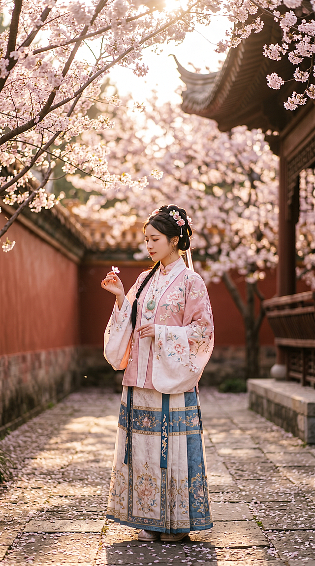 一位穿着汉服的年轻女子站在樱花树下，阳光透过花瓣洒在地面，柔和的逆光勾勒出人物的轮廓，背景是古风庭院的红墙和飞檐，画面温暖宁静，4K超高清，电影级质感，85mm人像镜头，浅景深，避免出现：模糊、变形的手指、多余的手指、恐怖、低质量、水印、文字、丑陋的脸