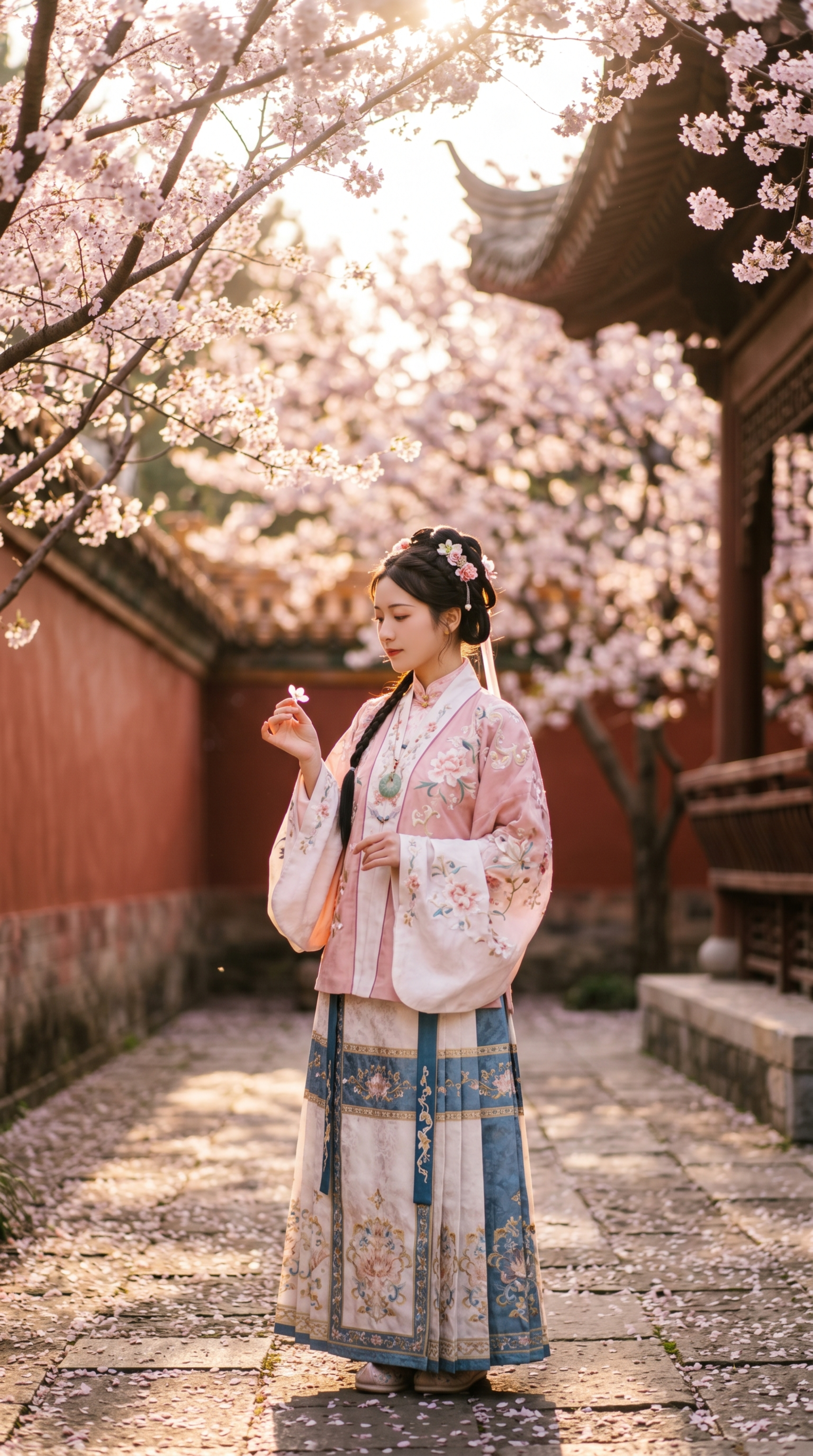 一位穿着汉服的年轻女子站在樱花树下，阳光透过花瓣洒在地面，柔和… - 图片创意预览