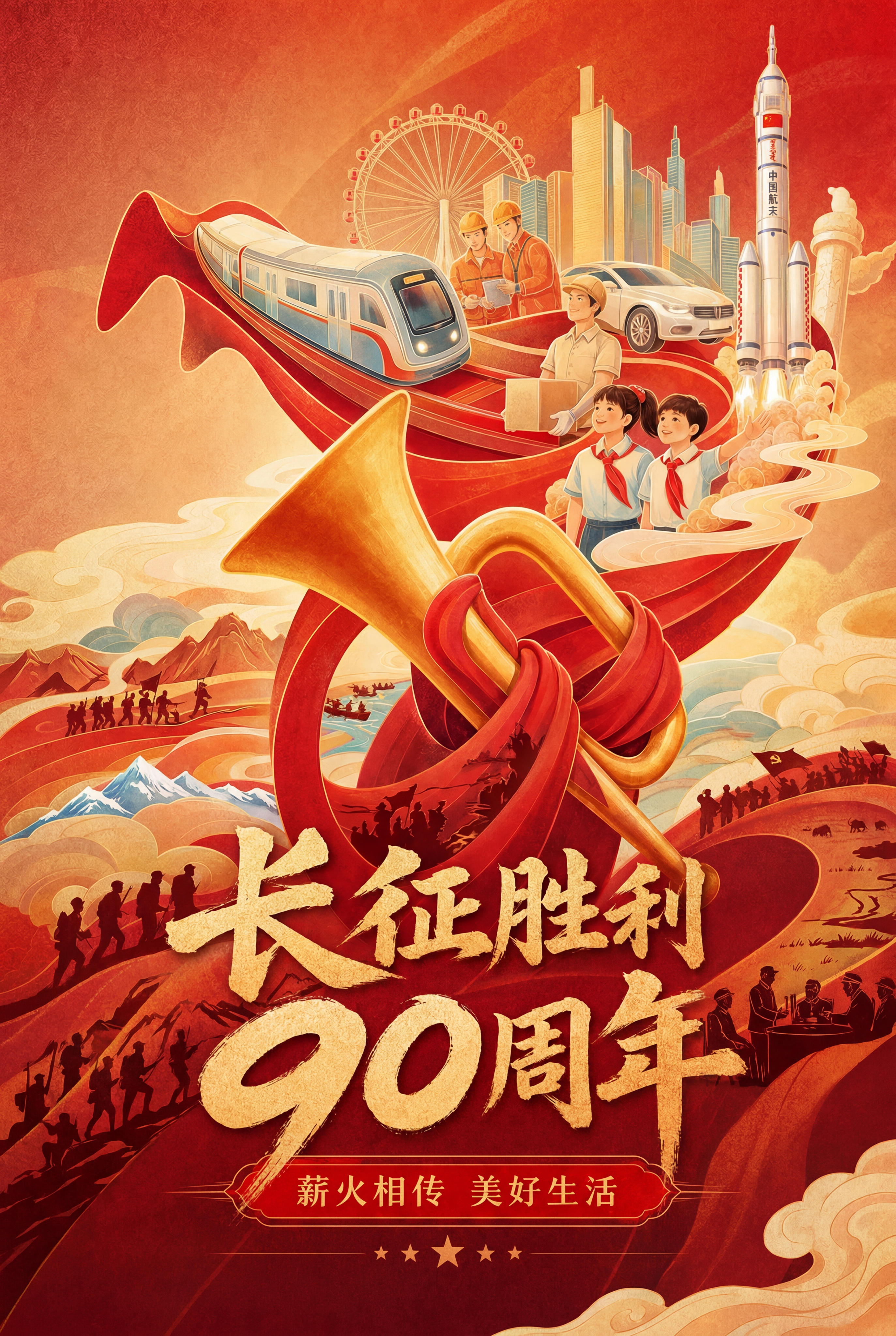在原海报红飘带、长征胜利90周年文字区域，添加长征时期场景的黑… - 图片创意预览