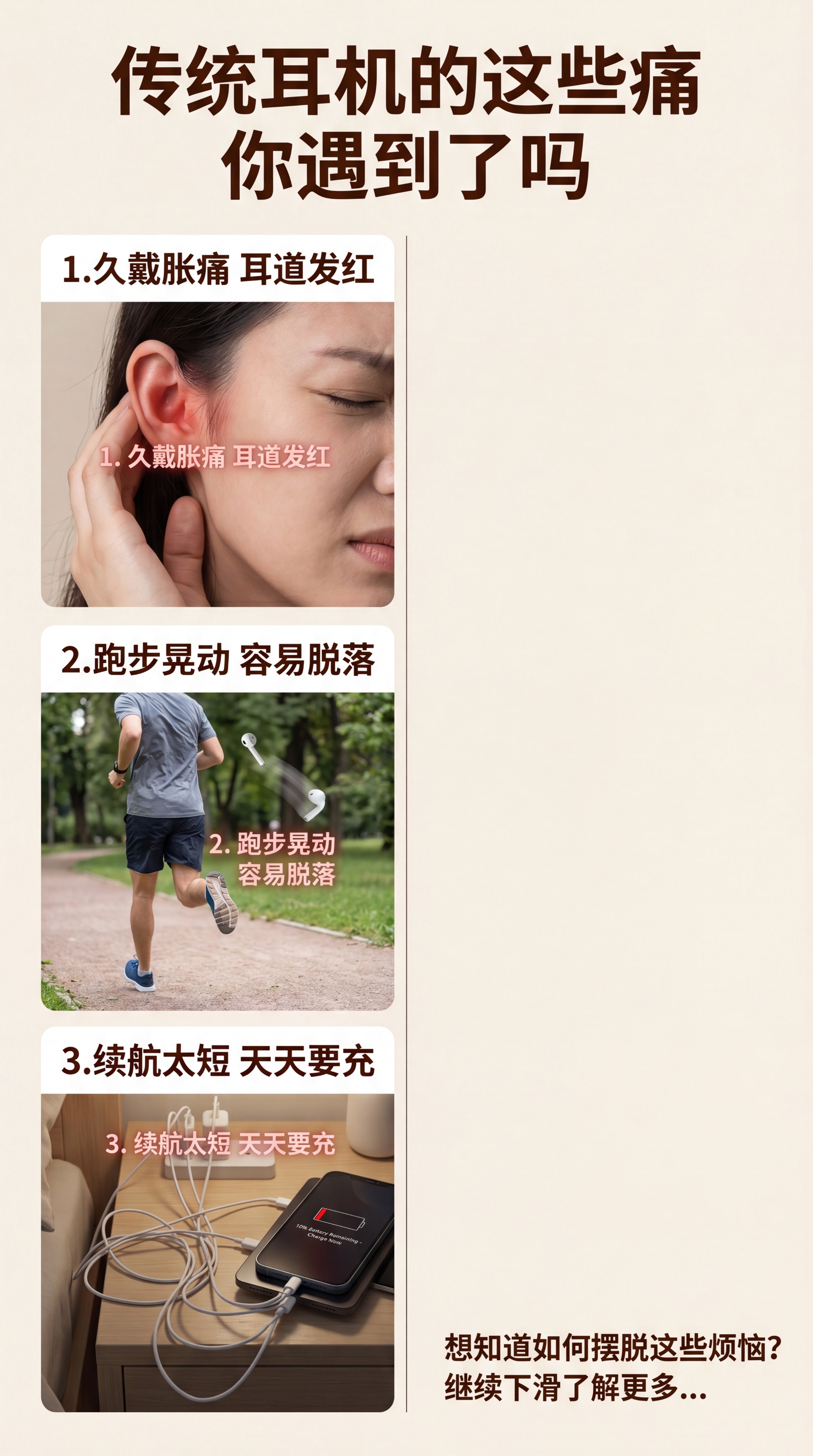 [第2屏] 痛点直击-传统蓝牙耳机使用困扰解析图。[氛围/风格… - 图片创意预览
