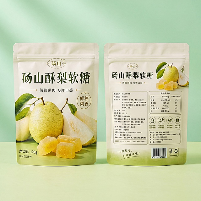 参考示例图，将之前的砀山酥梨软糖包装设计做成实物包装袋展示效果，包含正面和背面两个包装袋，背景为清新渐变浅绿色，包装上所有文字清晰无乱码，保留原包装所有信息、版式和设计风格，做成实景电商展示图，光影自然，高清晰度