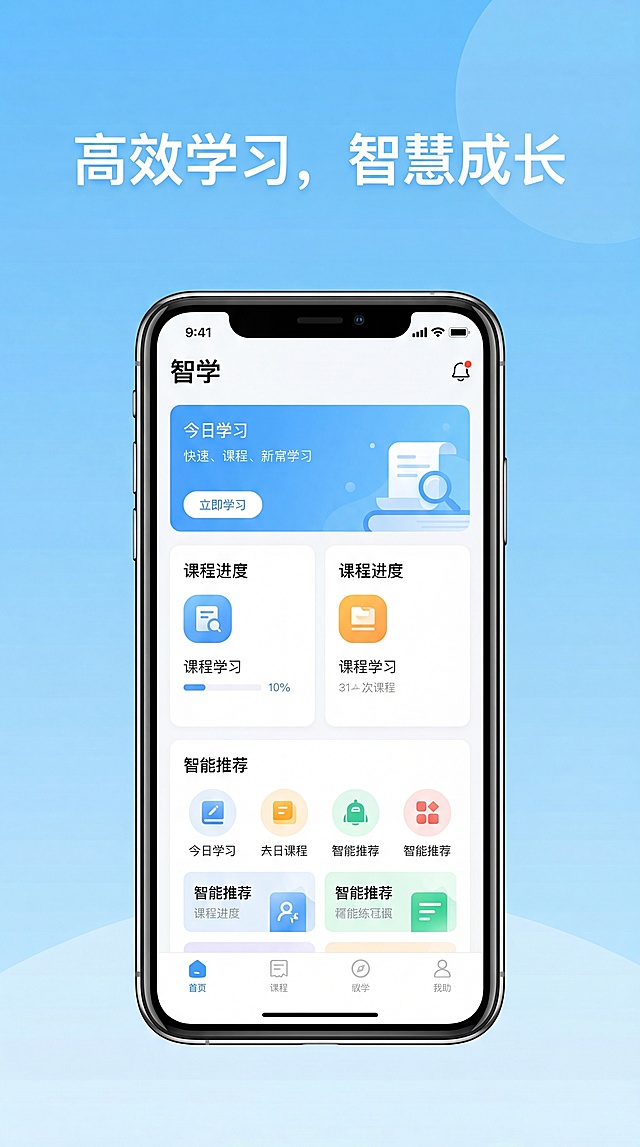 学习类APP应用宣传图，现代简约风格，画面主体是手机展示学习APP界面，背景为清新蓝色渐变，搭配简洁的文字标语"高效学习，智慧成长"，整体干净明亮，适合作为应用商店宣传图