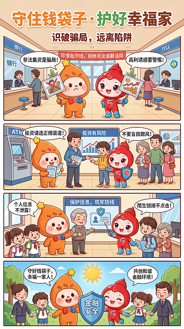 创作“守住钱袋子·护好幸福家”主题防范非法金融活动宣传条漫，标题文字为“守住钱袋子·护好幸福家”，使用上传的橙色水滴毛绒吉祥物和红色卡通吉祥物作为正面主角形象，背景设定在金融机构场景，内容介绍非法集资等非法金融活动的危害，普及防范知识，风格为卡通条漫，色彩明亮，主题积极
