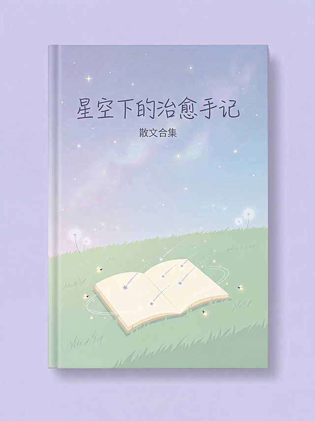 竖版书籍封面设计，书名是“星空下的治愈手记”，小字标注“散文合集”。整体风格是清新治愈、低饱和色调、简约扁平插画风，画面柔和干净，无繁杂线条。核心元素：下半部分是平缓青绿色柔软草地，草地中央平铺一本摊开的米白色笔记本，笔记本上散落几缕细碎星光；上半部分铺满低饱和淡紫+浅蓝渐变星空，点缀稀疏柔和星星，微弱星云光晕，夜空朦胧通透。色彩：整体低饱和莫兰迪色系，浅草绿、雾蓝、淡藕紫、米白，无高对比亮色。细节：萤火虫微光环绕笔记本边缘，远处有微弱细碎蒲公英，无人物；字体是纤细温柔手写体，书名放置封面上方星空区域，小字标注“散文合集”，文字不遮挡核心景物。光影：柔和漫反射柔光，整体氛围感安静治愈，线条极简干净，扁平插画质感，高清印刷级画质。