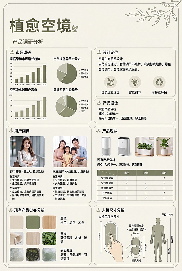 A4竖版展板，产品名称为"植愈空境"，家庭生态系统设计产品调研展板，内容包括市场调研、设计定位、用户画像、产品现状、现有产品CMF分析、人机尺寸分析，整体风格保持与参考展板一致的自然简约治愈风格，采用浅米色底色搭配绿色装饰线条，文字清晰排版分区合理，主标题为"植愈空境"，副标题为"产品调研分析"，所有文字保持清晰可读，版式精美，4K超高清