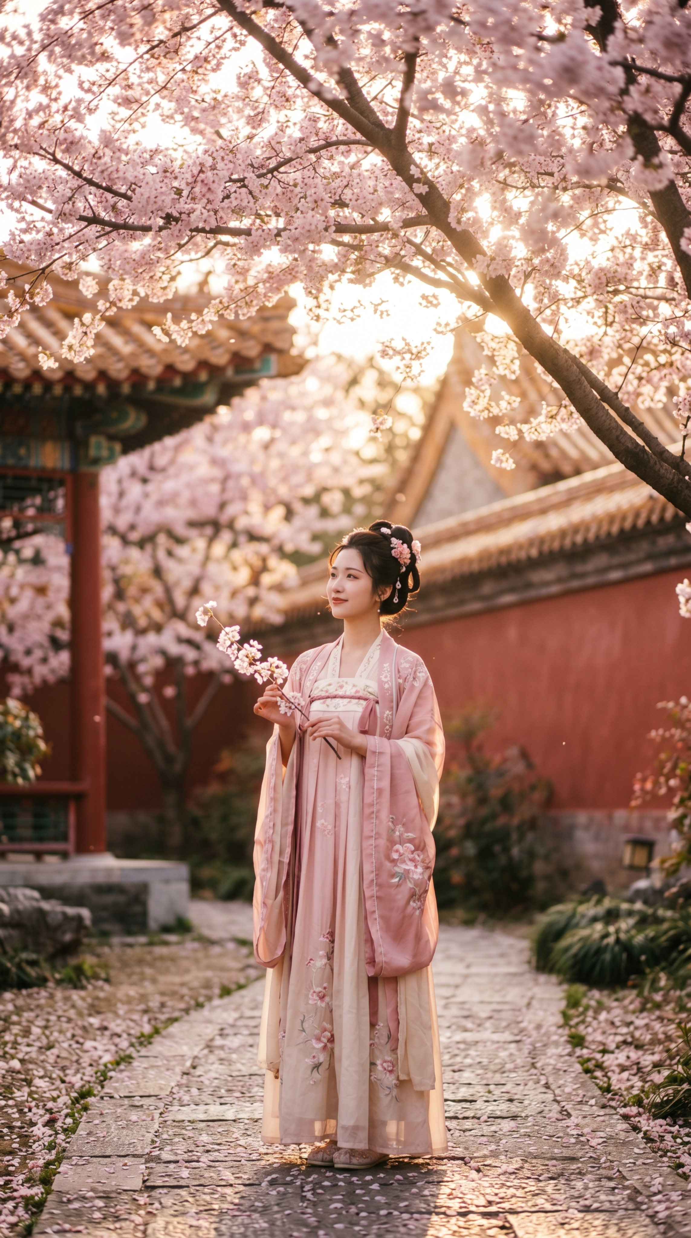 一位穿着汉服的年轻女子站在樱花树下，阳光透过花瓣洒在地面，柔和… - 图片创意预览