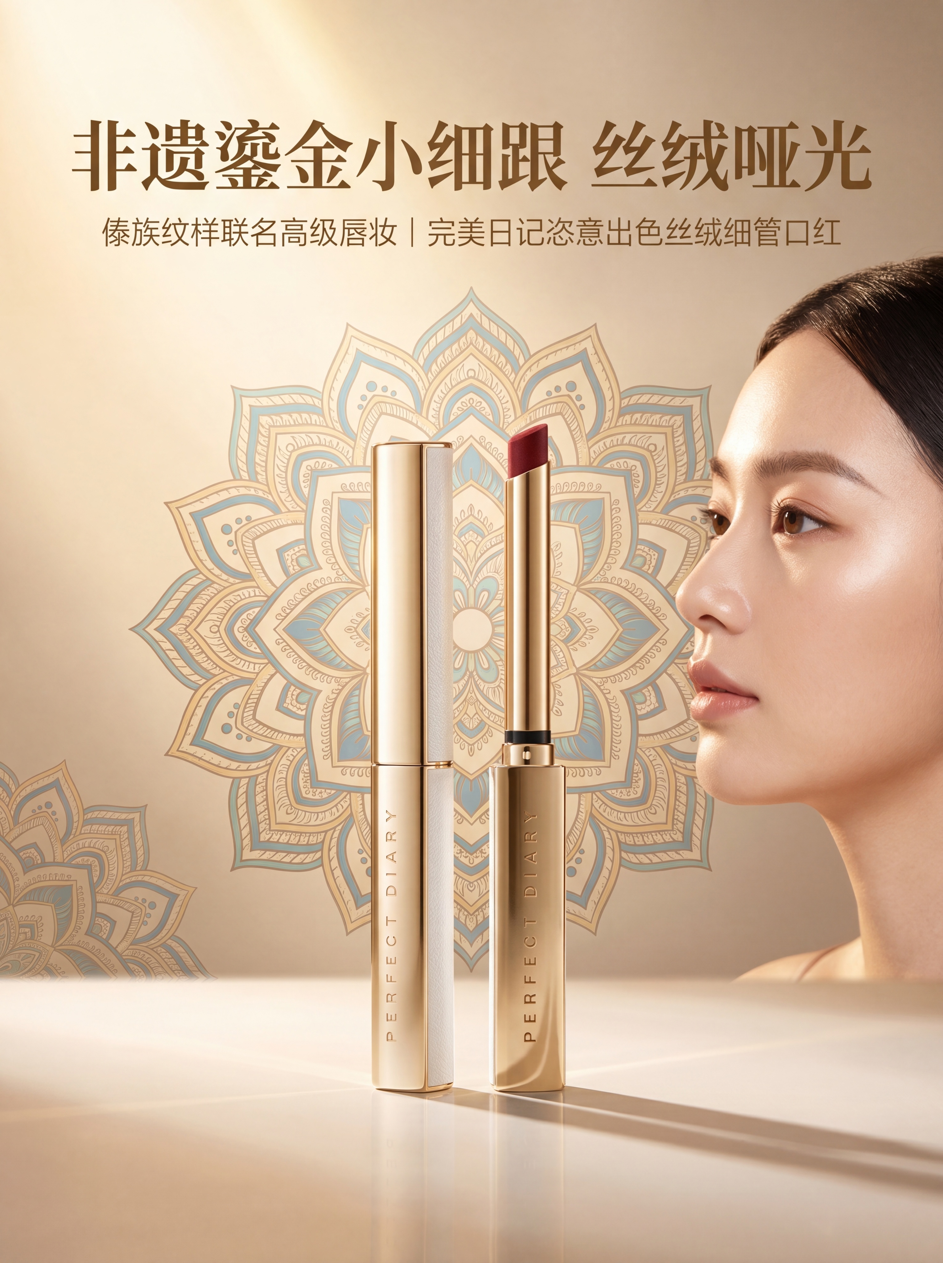 统一规范：全页暖金轻奢写实风，非遗纹样仅作低透底纹 / 边框装… - 图片创意预览