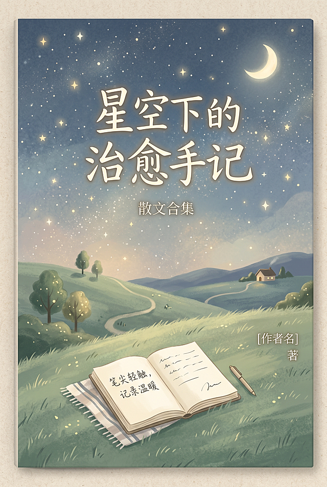 书籍封面设计，《星空下的治愈手记》散文合集封面，清新治愈风格，低饱和莫兰迪色调，简约插画，画面包含夜晚星空、绿色草地、摊开的笔记本元素，文字“星空下的治愈手记”排版在封面合适位置，整体氛围静谧温柔文艺，构图简洁，书籍竖版封面