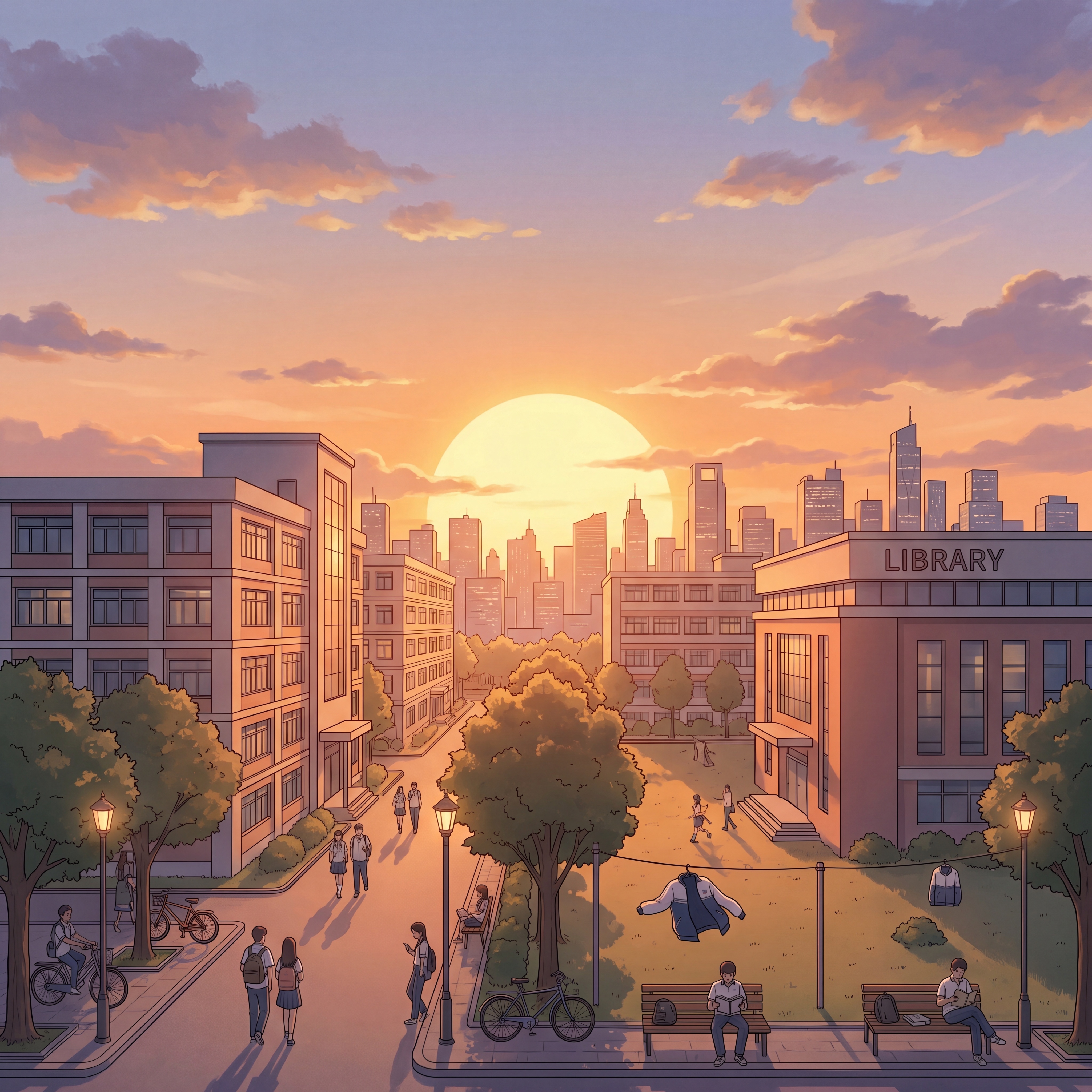 生成校园黄昏插画 - 图片创意预览