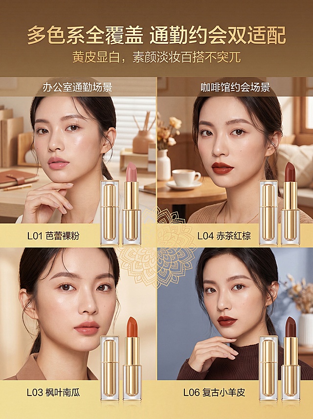 统一规范：全页暖金轻奢写实风，非遗纹样仅作低透底纹 / 边框装饰，不遮挡产品、人脸核心区域；配色限定 #ecdb90、#eacc5b、#5c8d84、#92bfd5、#66a1cc、#7890b5；8K 真人静物实拍，无卡通手绘；全套产品参数整合至第 10 屏，全文总字数控制 3000 内。
第一屏｜主 KV 视觉屏
主文案："非遗鎏金小细跟 丝绒哑光"
副文案："傣族纹样联名高级唇妆｜完美日记恣意出色丝绒细管口红"
文案设计与排版：主文案画面上方居中放大，粗衬线复古金色字体；副文案置于主文案正下方，纤细浅米色字体，字号缩小 1/2。
画面主体与构图：画面中心平铺全套香槟金小细跟口红，底层铺 15% 透明度孟定傣族曼陀罗对称暖金非遗纹样；右侧搭配氛围感东亚女生侧脸人像，柔光桌面对称居中构图，纹样铺满背景，不遮挡口红与人像。
画质与细节：8K 超高清写实实拍，口红鎏金金属反光、皮革管身纹理清晰，人像原生皮肤细腻，暖金色柔和柔光，无噪点模糊，光影均匀。
第二屏｜管身膏体核心质地屏
主文案："皮革细跟管 顺滑丝绒膏体"
副文案："一抹上色不拔干，植润粉体淡化唇纹，干唇深唇友好"
文案设计与排版：主文案左上加粗金色大字，副文案紧随下方浅灰细字体。
画面主体与构图：原木居家化妆台实景，女生手持口红涂抹唇部；画面四周嵌入 35% 透明度傣族花卉缠枝纹样做装饰边框；桌面多角度摆放口红丝绒布景，小字标注提示：膏体旋出≤2mm，伸出过长易断裂；画面分栏对比干裂原生唇、涂后饱满丝绒唇妆。
画质与细节：8K 无滤镜原生实拍，皮革拼接、丝绒膏体质感清晰，自然光通透柔和，纹样精致不抢主体。
第三屏｜全色系场景展示屏
主文案："多色系全覆盖 通勤约会双适配"
副文案："黄皮显白，素颜淡妆百搭不突兀"
文案设计与排版：主文案顶部居中粗鎏金字体，副文案下方浅暖橙纤细小字。
画面主体与构图：左右双栏场景构图，左栏办公室通勤裸调色 L01、L02，右栏咖啡馆约会红棕 L04；侧边嵌入 30% 透明度简化曼陀罗纹样做分割装饰；完整标注 6 大色号：L01 芭蕾裸粉、L02 玫瑰小羊皮、L03 枫叶南瓜、L04 赤茶红棕、L05 午夜麋鹿、L06 复古小羊皮。
画质与细节：8K 真人写实拍摄，原生淡妆皮肤质感自然，口红金属光泽细腻，冷暖场景光影统一，纹样简约柔和。
第四屏｜持久持妆养唇实测屏
主文案："防水防蹭实测 喝水不沾杯"
副文案："全天持妆不易掉色，柔润养唇配方，敏感唇放心上妆"
文案设计与排版：主文案顶部加粗金色字体，副文案下方雾霾蓝纤细小字。
画面主体与构图：纯白桌面实景测试布景，左侧玻璃杯无唇印、右侧纸巾擦拭不掉色；桌面搭配植萃原料静物，底部铺 20% 透明度浅金傣族花卉底纹；测试区域外框用 38% 透明度菱形非遗纹样装饰。
画质与细节：8K 静物写实实拍，玻璃杯通透质感、膏体附着纹理清晰，室内柔光均匀，边框纹样层次细腻。
第五屏｜新手精准上妆屏
主文案："纤细旋转膏体 精准勾勒唇峰"
副文案："新手轻松画出饱满精致唇形"
文案设计与排版：主文案画面上方加粗鎏金字体，副文案下方浅杏色细字体。
画面主体与构图：原木化妆台近景特写，女生手持细管口红精细勾勒唇峰；画面上下分割线采用 32% 透明度傣族传统卷草纹样，竖版构图聚焦手部与唇部动作。
画质与细节：8K 近距离写实拍摄，纤细膏体、皮革烫金 logo 纹理清晰，室内柔光柔和，分割纹样简约精致。
第六屏｜全天多场景适配屏
主文案："一支搞定全天三场景"
副文案："上班 / 逛街 / 约会通用，素颜淡妆都适配"
文案设计与排版：主文案顶部居中粗金色字体，副文案下方浅蓝纤细小字。
画面主体与构图：三等分三宫格实拍拼接，左办公室通勤、中街街头逛街、右餐厅约会；每格四角点缀 30% 透明度小型曼陀罗纹样；右下角标注礼盒规格：3 支装 L01+L02+L04，单支净含量 0.8g。
画质与细节：8K 分镜真人实拍，三场景光影色调统一，唇部妆效清晰，角落纹样小巧不遮挡人物。
第七屏｜买家口碑佐证屏
主文案："千位买家真实口碑实拍"
副文案："大众实测认可丝绒哑光高级妆效"
文案设计与排版：主文案顶部加粗鎏金字体，副文案下方浅灰细字体。
画面主体与构图：简约纯白桌面，手机原生买家秀截图平铺摆放；整体画面外框包裹 35% 透明度傣族菱形装饰纹样，横向居中平铺构图。
画质与细节：8K 静物写实拍摄，手机屏幕画面清晰，边框纹样层次细腻，室内白光柔和均匀。
第八屏｜权威安全资质屏
主文案："权威彩妆 SGS 检测报告"
副文案："合规温和安心上唇，备案资质齐全"
文案设计与排版：主文案左上加粗金色字体，副文案下方浅暗蓝纤细小字。
画面主体与构图：原木桌面平铺口红 + 纸质检测报告，报告四周边框用 38% 透明度傣族缠枝纹样装饰；静物居中斜拍，报告清晰展示备案编号：粤 G 妆网备字 2020182829。
画质与细节：8K 高清静物实拍，报告文字、口红金属纹理清晰，窗边自然光柔和，边框纹样复古精致。
第九屏｜礼盒送礼展示屏
主文案："鎏金皮革管身 高定礼盒套装"
副文案："自用精致，送礼体面双适配"
文案设计与排版：主文案顶部居中粗鎏金字体，副文案下方暖橙纤细小字。
画面主体与构图：柔光米白桌面静物实拍，多支口红多角度开盖陈列；白色高定礼盒内部铺满 20% 透明度完整孟定傣族曼陀罗纹样，全套口红摆放礼盒内；侧边标注包装规格：单支独立纸盒、三支礼盒总容量 2.4g。
画质与细节：8K 超高清静物拍摄，皮革拼接、金属烫金 logo 反光细腻，礼盒纹样柔和完整，暖金氛围感强烈。
第十屏｜完整产品参数规格屏
主文案："产品参数"
副文案："规格明细"
文案设计与排版：主文案表格上方居中加粗金色字体，副文案紧随下方浅米色细字体；表格正文浅黑宋体，分区小标题金色加粗小字。
画面主体与构图：白底规整图文参数表格，四边边框使用 33% 透明度傣族花卉纹样；表格分五大板块完整排版信息：
1. 基础参数：品牌完美日记 PERFECT DIARY，全称恣意出色丝绒细管口红（小细跟），哑光丝绒唇膏，产地江苏苏州，单支 0.8g；未开封保质期 3 年，开封建议 12 个月用完；备案粤 G 妆网备字 2020182829，非特殊化妆品；丝绒哑光质地顺滑不拔干，淡香无浓烈香精。
2. 外观规格：鎏金金属 + 白色皮革细高跟外壳，纤细伸缩细管；膏体旋出≤2mm，过长易断；单支独立纸盒，可选多支礼盒。
3. 色号规格：6 色单支均 0.8g：L01 芭蕾裸粉、L02 玫瑰小羊皮、L03 枫叶南瓜、L04 赤茶红棕、L05 午夜麋鹿、L06 复古小羊皮；礼盒 3 支装 L01+L02+L04。
4. 成分使用提示：柔润丝绒粉体 + 保湿油脂；全唇肌适用，干唇建议润唇膏打底；涂抹力度轻柔，避免高温存放防止膏体折断。
5. 包装规格：单支 1 盒 0.8g，三支礼盒总 2.4g；外包装纸质彩盒，管身为金属皮革复合材质。
居中规整构图，纹样仅作表格边框，不遮挡文字。
画质与细节：8K 高清平面写实拍摄，表格文字清晰无模糊，边框纹样淡雅简约，整体统一暖金配色，干净通透。「图片1」「图片1」请使用电商详情页技能