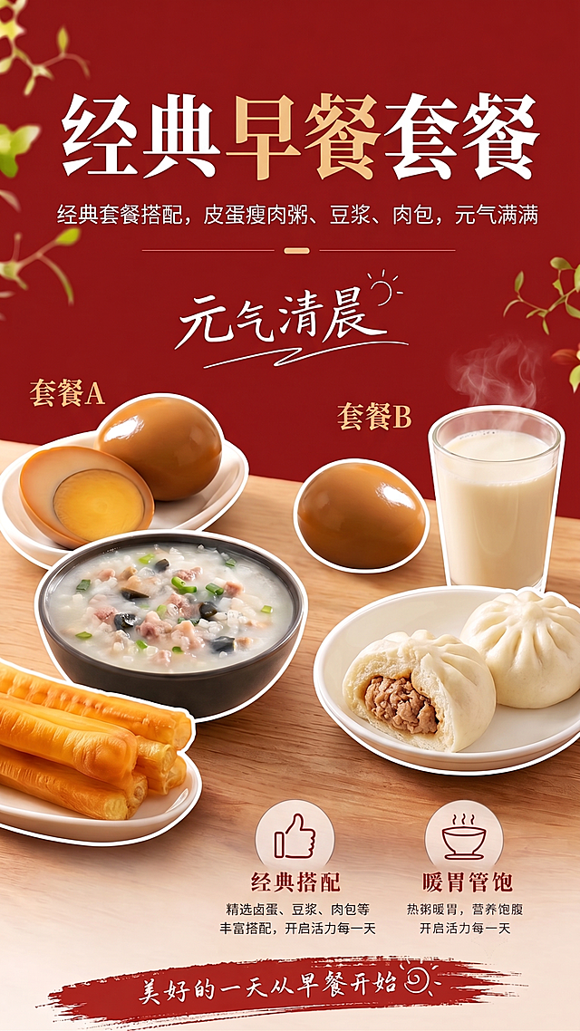将原图的大标题改为"经典早餐套餐"，把图中的粥改为皮蛋瘦肉粥，删除最下方的"现煮现做"文案和图标，为卤蛋、油条、皮蛋瘦肉粥上方加上文字"套餐A"；添加套餐B，包含卤蛋、豆浆、肉包/叉烧包，找到对应食物图片，把两个套餐都放在同一张图中，将整体背景改为红色，每个套餐里面的食物都用白边勾勒出来，保留其他设计元素和排版，整体风格保持美食宣传海报风，清晰美观。