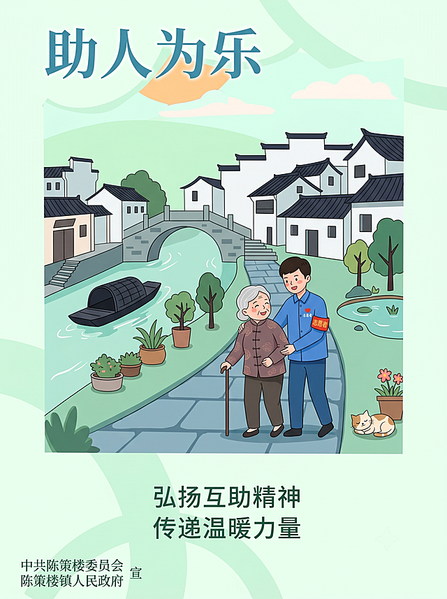 助人为乐主题公益海报，扁平插画风格，顶栏大标题"助人为乐"，背景为绍兴鲁迅故里标志性建筑（白墙黛瓦+乌篷船/石桥元素），画面主体为青年志愿者搀扶老人行走于青石板小径的温馨场景，配色清新柔和，底部标语"弘扬互助精神，传递温暖力量"，左下角标注主办单位中共陈策楼委员会 陈策楼镇人民政府 宣，A4尺寸比例3:4, 文字清晰可读, 版式精美，与参考图排版结构一致。