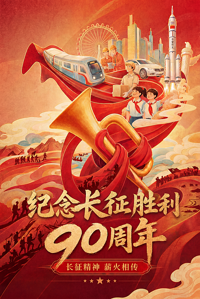 基于当前海报图（https://gd-ai-fts.dancf.com/36992701400472681/presigned/e37a18a69e1b40d69e06ae2832962f923346524.png），将主标题‘长征胜利90周年’改为‘纪念长征胜利90周年’；删除右侧桌子周围一圈人物剪影（即非长征场景的现代会议/聚餐类人物）；同时删除画面中突兀的雪山剪影（保留其他长征剪影如爬雪山队伍、飞夺泸定桥、过草地、四渡赤水、大会师等）；保持整体国潮风格与A3尺寸不变