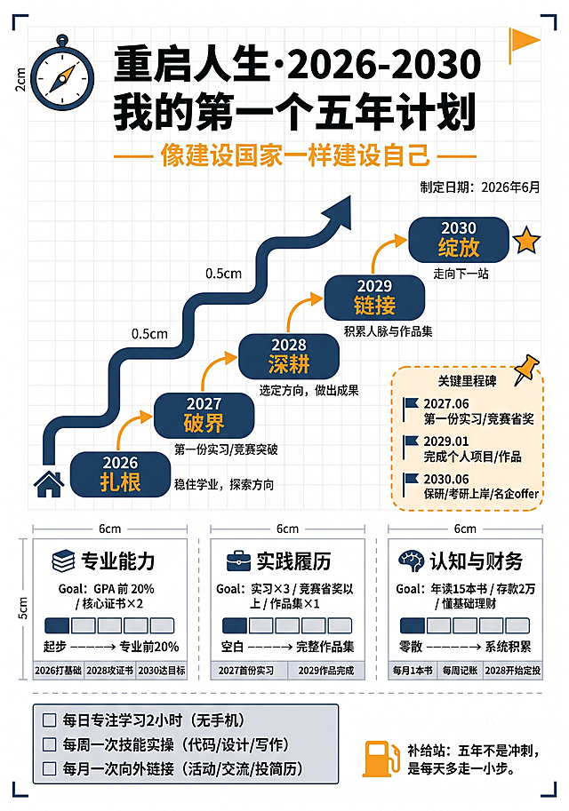 A4竖版白底个人五年规划手账设计，主色调深蓝色#1A3A5C占70%，橙黄色#F5A623占20%，白色占10%，整体理性克制有力量感像个人白皮书。
顶部标题区：左上角2cm直径指南针，指针指向右上，右上角橙色小三角旗帜。文字：第一行大标题占两行"重启人生·2026-2030 我的第一个五年计划"，第二行副标题橙黄色"—— 像建设国家一样建设自己 ——"，右下角小字"制定日期：2026年6月"。大标题粗体，副标题常规体。
中部五年阶梯区：从左下到右上深蓝色0.5cm粗蜿蜒向上阶梯，均匀分布5个深蓝色圆角矩形台阶（长4cm×宽1.5cm），台阶间橙色箭头连接，起点画小房子🏠代表现在，终点画星星⭐代表五年后的自己。台阶文字：
1.2026（深蓝） 扎根（橙黄粗体） 小字注解：稳住学业，探索方向（灰色）
2.2027（深蓝） 破界（橙黄粗体） 小字注解：第一份实习/竞赛突破（灰色）
3.2028（深蓝） 深耕（橙黄粗体） 小字注解：选定方向，做出成果（灰色）
4.2029（深蓝） 链接（橙黄粗体） 小字注解：积累人脉与作品集（灰色）
5.2030（深蓝） 绽放（橙黄粗体） 小字注解：走向下一站（灰色）
下方核心指标区：三个并列浅灰细线方框，每个宽6cm高5cm，左上角分别有📚💼🧠图标，内部横向进度条分5格，第1格涂深蓝，其余留白。文字：
框1 📚 专业能力，目标：GPA前20% / 核心证书×2，进度条下方：起步 ————→ 专业前20%，标注：2026打基础 | 2028攻证书 | 2030达目标
框2 💼 实践履历，目标：实习×3 / 竞赛省奖以上 / 作品集×1，进度条下方：空白 ————→ 完整作品集，标注：2027首份实习 | 2029作品完成
框3 🧠 认知与财务，目标：年读15本书 / 存款2万 / 懂基础理财，进度条下方：零散 ————→ 系统积累，标注：每月1本书 | 每周记账 | 2028开始定投
右侧里程碑打卡区：橙色虚线不规则框，右上角图钉，框顶小字"关键里程碑"，纵向三个🚩：
🚩 2027.06 第一份实习 / 竞赛省奖
🚩 2029.01 完成个人项目/作品
🚩 2030.06 保研/考研上岸/名企offer
底部行动区：三个并列浅灰填充深蓝色边框小方框，每个宽4cm高2cm，左侧有☐复选框：
☐ 每日专注学习2小时（无手机）
☐ 每周一次技能实操（代码/设计/写作）
☐ 每月一次向外链接（活动/交流/投简历）
右下角橙色加油站图标，文字："补给站：五年不是冲刺，是每天多走一小步。"
细节装饰：四角极小深蓝色L形角标，指标框之间浅灰色虚线分隔，背景极淡网格线，风格简约清晰，少即是多，理性有力量。
