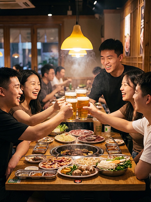 写实人像摄影，六个年轻男女围坐在烤肉店餐桌旁，集体举杯碰杯，每个人都开怀大笑，表情生动自然，互动轻松愉悦；木质餐桌摆放各类烧烤美食参考图1，食物冒着热气，啤酒杯玻璃通透有光泽参考图2；暖黄色吊灯营造氛围感，远处其他聚餐客人虚化处理，空间层次分明；竖版3:4构图，视觉重心聚焦举杯互动和人物笑容，暖黄色主光从单侧打亮人物面部，柔和阴影保留层次，高光影比增强电影感；整体暖棕黄色调，烤盘上的烤肉作为点睛点缀，色彩温暖饱和统一；皮肤质感自然，食物保留油润光泽，木质纹理清晰；热闹温馨的朋友聚会氛围感，治愈系生活记录，4K高清画质。反向提示词：畸形手部，五官扭曲，表情僵硬，色彩突兀，光线混乱，背景杂乱无章，塑料质感，画面模糊，构图失衡，文字水印，低分辨率，低质量，肢体比例不协调，刺眼冷光，色彩饱和度异常，透视错误，拼接痕迹，脏点，过度磨皮
