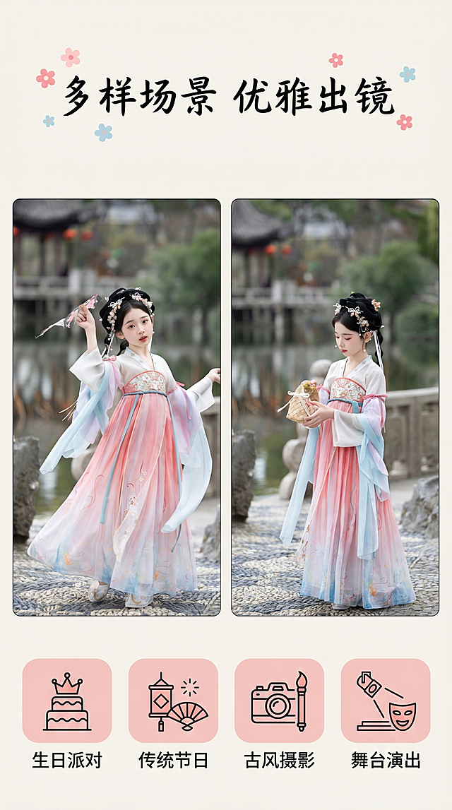 [第5屏] 粉色渐变女童齐胸襦裙汉服多场景穿搭展示页。展示生日派对、传统节日、古风摄影、舞台演出多场景适配效果。本屏使用【图2】【图5】模特穿搭图。
[标题版式] 手写艺术字标题居上，配小花朵装饰，灵动活泼风格。
[氛围/风格] 多场景拼图展示，清新国风氛围，每张图保留原园林场景，自然真实。
[元素布局] 画面分为上中下三个区域：上方标题区，中间两张模特穿搭场景图（一张户外古风摄影、一张手持篮子漫步），底部四个圆角小图标对应四个适用场景，并标注文字；模特姿势、汉服款式颜色与原图保持一致。
[光影质感] 每张图保留原自然光影，整体统一柔和，明暗协调。
[配色色系] 全局底色 #F8F5F0；保留汉服原粉蓝配色，图标用浅粉色填充，深色文字。
[视角构图] 分区块拼图构图，上下分区信息清晰，适配手机竖屏阅读。
[文字版式] 主标题「多样场景 优雅出镜」，四个场景分别标注「生日派对」「传统节日」「古风摄影」「舞台演出」，文字清晰，图标简洁不抢模特主体。
[比例分辨率] 9:16竖版比例，4K分辨率，文字清晰可辨，高清画质。
[负向提示词] 场景混乱，人物变形，颜色偏差，文字遮挡主体，水印，文字错乱