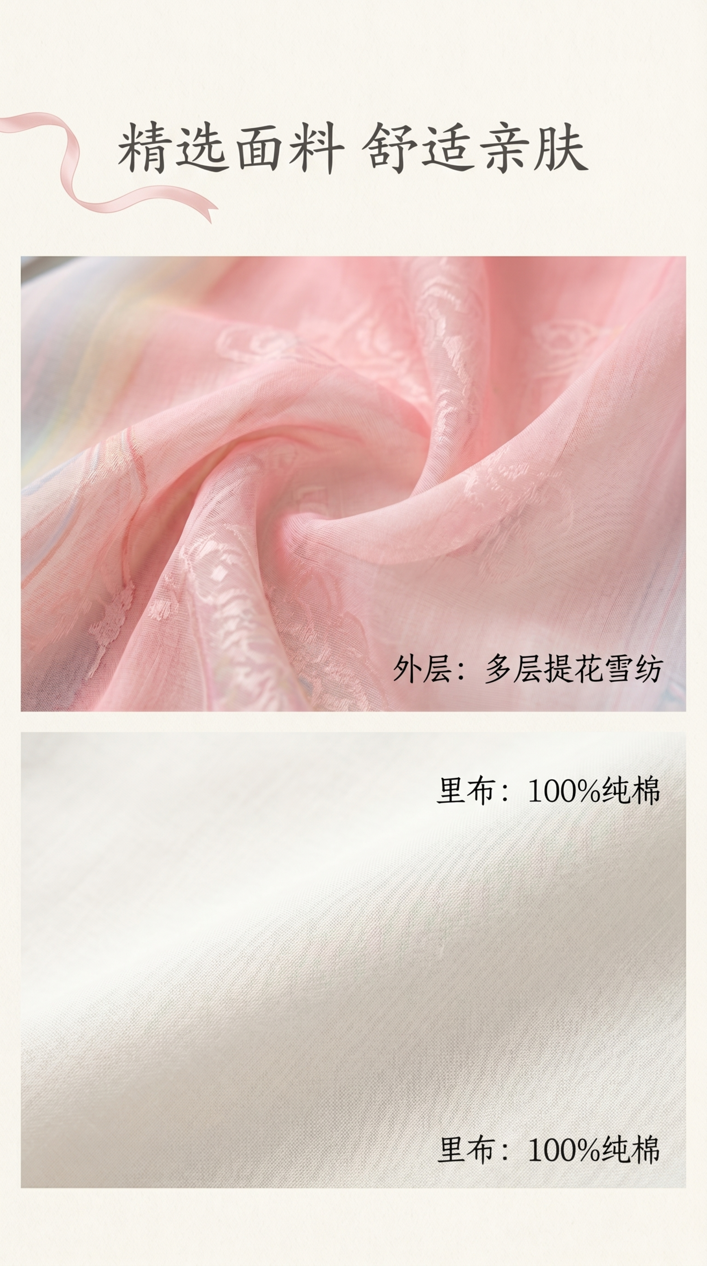 [第2屏] 粉色渐变女童齐胸襦裙汉服面料细节展示页。本屏使用【… - 图片创意预览