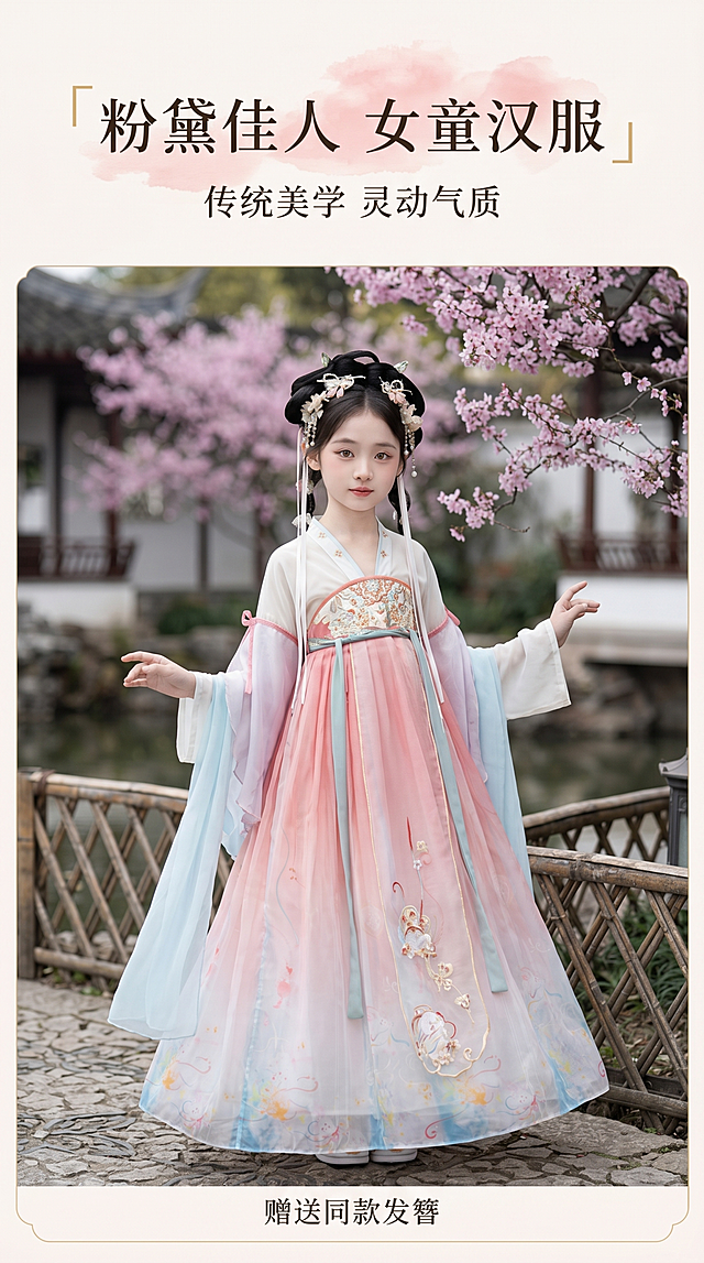 [第1屏] 粉色渐变女童齐胸襦裙汉服详情页首屏氛围大图。本屏使用【图1】作为主体展示，【图1】为模特穿着汉服在樱花园林场景的全身展示。
[氛围/风格] 国风雅致氛围，古典园林实景背景，清新柔和色调，商业摄影质感，温柔光影。
[元素布局] 模特居中展示，占画面约70%；背景保留模糊园林樱花水景，前景搭配石径与木围栏，增加层次感；汉服整体款式、粉色渐变配色、提花雪纺材质与图1保持一致。
[光影质感] 柔和自然光从侧前方照射，人物轮廓清晰，裙摆保留自然飘逸动态，背景有自然虚化景深。
[配色色系] 全局底色 #F9F5F3；主色为粉色+浅蓝渐变；辅助色为浅绿园林背景，金色装饰文字。
[视角构图] 正面平视视角，模特位于画面视觉中心，阅读动线上标题→主体→底部信息。
[文字版式] 顶部标题区，主标题「粉黛佳人 女童汉服」，副标题「传统美学 灵动气质」，采用瘦金体结合柔粉色晕染标题，文字轻盈不遮挡主体；底部小字标注「赠送同款发簪」，文字清晰易读。
[比例分辨率] 9:16竖版比例，4K分辨率，文字清晰可辨，高清画质。
[负向提示词] 产品变形，文字错乱，颜色偏差，背景杂乱，水印，模特面部畸变，文字过小