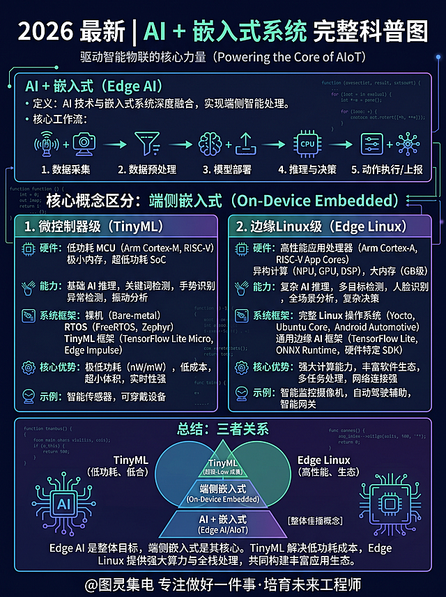 生成一张商务科技风知识科普图，包含AI + 嵌入式、端侧嵌入式完整详解（2026 最新），核心概念区分：端侧嵌入式分为微控制器级TinyML和边缘Linux级，介绍了硬件、能力、系统框架和核心优势；介绍AI + 嵌入式定义和核心工作流，总结三者关系，内容排版清晰，最下方写上文字"@图灵集电 专注做好一件事·培育未来工程师"，高细节，8K，科技代码风格，居中构图，文字清晰不模糊，无杂乱水印