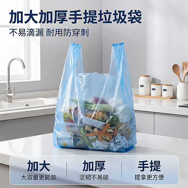 [主图-1] 手提式蓝色垃圾袋实景场景首图 氛围风格：干净通透的家居实用风格，突出洁净感与实用性 画质：商业摄影质感、光线柔和通透、产品清晰真实、画面干净高级 元素：手提式蓝色垃圾袋装满物品居中展示，模拟真实使用状态，产品主体占比约70%。保持手提式蓝色垃圾袋的外观物理结构材质质感颜色与输入产品图绝对一致，杜绝任何变形和色差，精细化处理。背景为简洁干净的浅灰色调家居厨房角落，少量干净的厨房用具点缀，不抢主体。光影：明亮的侧前方自然光，整体高亮通透，垃圾袋的蓝色塑料质感清晰呈现，阴影柔和过渡自然 配色：主色调为清新的产品蓝色，背景浅灰色纯净简洁，文字使用深蓝色与白色对比 视角构图：正面平视角度，产品作为视觉中心，景深适中，轮廓完整不裁切 文字版式：左上负空间左对齐留安全边距，大字主文案写"加大加厚手提垃圾袋"，深蓝色大号粗体无衬线；辅助文案写"不易滴漏 耐用防穿刺"，字号约一半，同色系。底部通栏半透明渐变蒙层均分三列，列内上短句下说明左对齐：列一「加大」「大容量更能装」列二「加厚」「坚韧不易破」列三「手提」「提拿更方便」，上层短句更粗，深字浅色背景对比清晰 比例分辨率：1:1 比例，4k 分辨率；文字清晰锐利，超高清 负向提示词：变形，文字错乱，产品图模糊，背景杂乱，水印，电商平台Logo