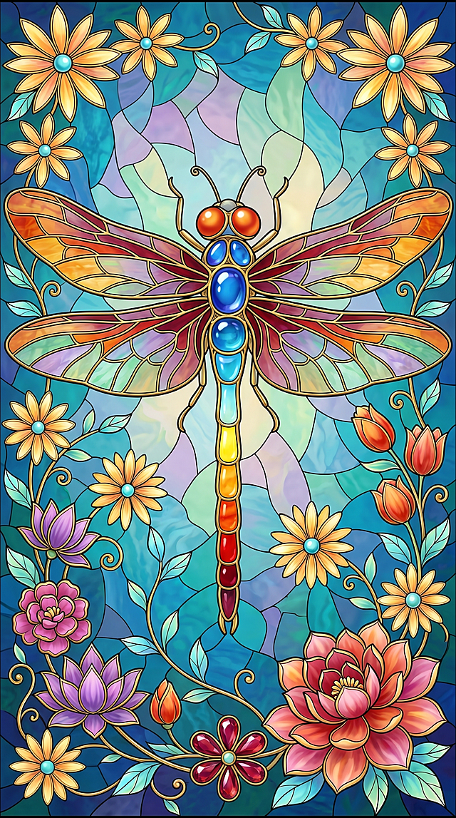蒂凡尼彩色玻璃镶嵌风格插画，中心主体是一只尺寸巨大、细节极尽繁复的蜻蜓，通体由金属金线分割，镶嵌各色通透玻璃色块。蜻蜓头部有一对饱满圆润的橙红球形复眼，金属质感纤细触角向上弯曲伸展，纹理细腻；胸部由三颗由大到小渐变的宝蓝色玻璃色块堆叠而成，光泽透亮；细长腹部是一串玻璃色块，自上而下色彩过渡：浅青蓝→亮黄→暖橙→正红→酒红。四片巨型翅膀由细密交错的鎏金脉络分割成无数不规则玻璃色块，配色丰富梦幻：橘橙、暖黄、酒红、薰衣草紫、薄荷青、湖蓝、翡翠绿层层交融；玻璃质感通透轻薄，光线仿佛能穿透翅面，边缘金属轮廓微微凸起。画面左右、底部环绕一圈立体鎏金花叶，和蜻蜓工艺统一，藤蔓从四角向底部中心收拢，形成弧形花环，包含多层紫瓣莲花、玫粉色五瓣重瓣花、橘红郁金香花苞、淡黄小雏花、酒红色水滴状宝石花坠。画面四角与间隙穿插多朵复古花叶，遵循琉璃掐丝工艺：浅黄星形小花多瓣细长花瓣，中心镶嵌浅青圆珠花蕊，分布在画面上方、左侧、中部空隙，花瓣是暖黄渐变浅橙；右下角大型重瓣花是整幅画面花朵里体量最大，花瓣渐变层次丰富，从玫粉、酒红过渡到橘橙、暖黄。细碎卷曲鎏金藤蔓、叶片穿插在蜻蜓缝隙，叶片以青蓝、薄荷绿渐变，线条纤细飘逸，填充画面空白。背景是多层次晕染的彩色玻璃基底，没有纯色块，全部由大小不一的不规则多边形彩色玻璃碎块拼接而成，主色调由深海宝蓝、绿松石青、湖水蓝构成冷色基底，局部穿插淡紫、薄荷绿、浅奶黄柔和过渡，超高清，蒂凡尼彩色玻璃镶嵌工艺，质感通透，细节丰富