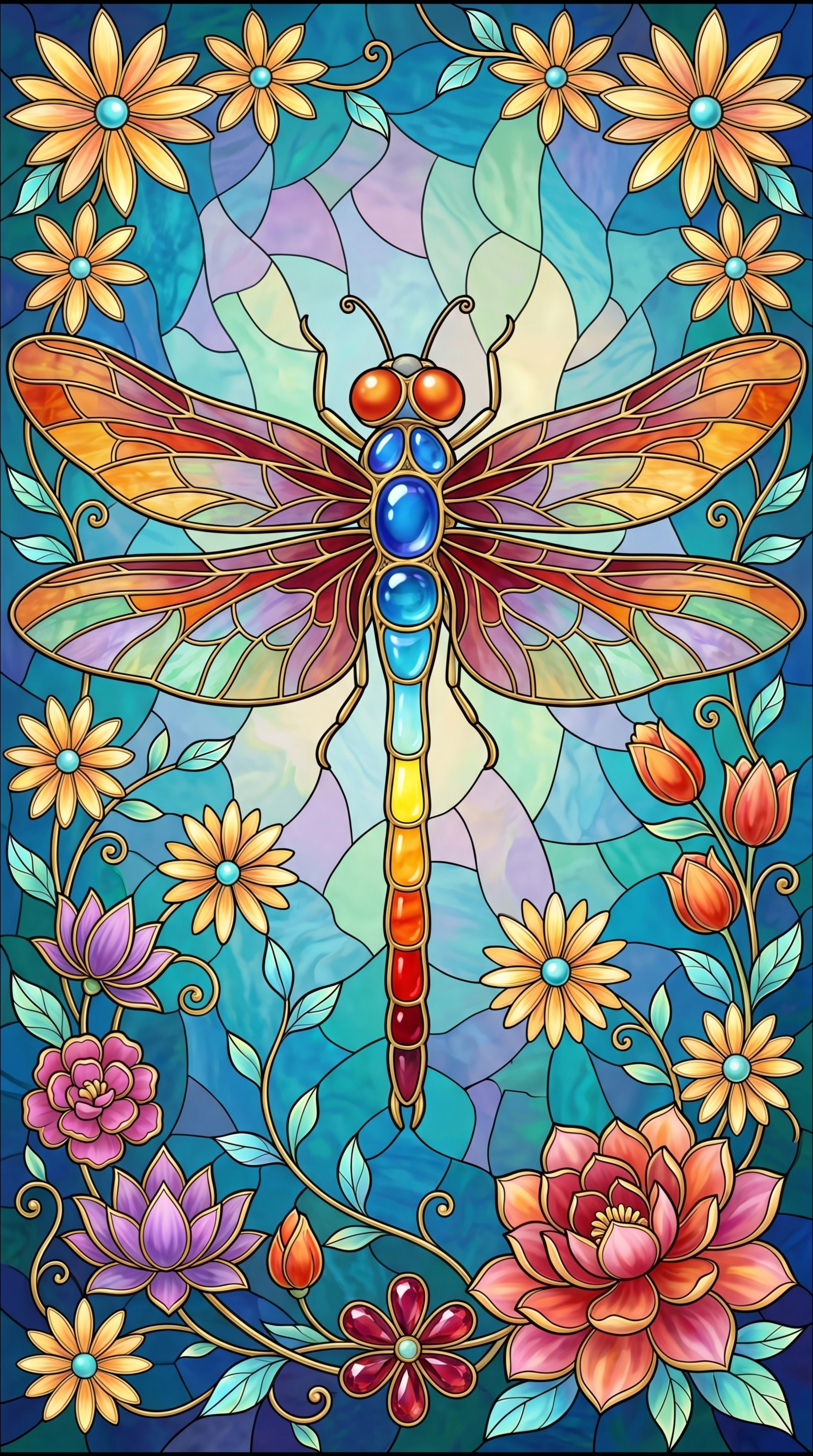 蒂凡尼彩色玻璃镶嵌风格插画，中心主体是一只尺寸巨大、细节极尽繁… - 图片创意预览