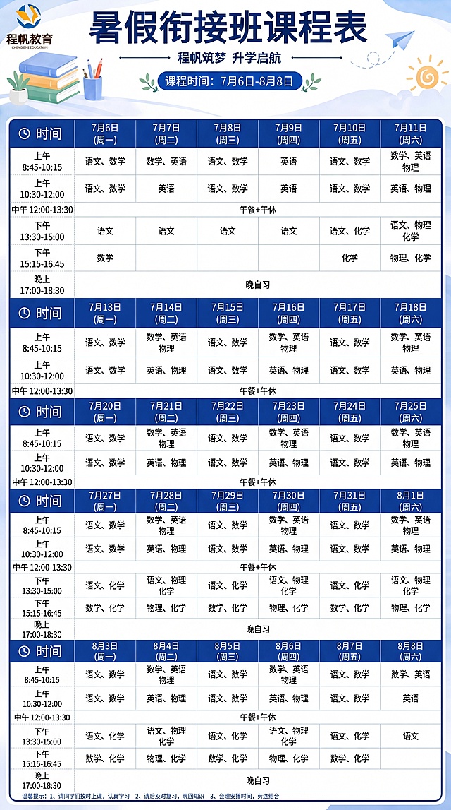 将五张课表图片拼接为一张完整的课表，保留顶部原有的标题和程帆教育logo，只保留一个重复的标题，删除多余的重复标题，将五张课表的日期和课程依次纵向拼接在同一个表格中，保持原有设计风格、蓝色主题配色和文字内容不变，底部保留原来的温馨提示。原始五张课表分别是：第一张是7月6日-7月11日，第二张是7月13日-7月18日，第三张是7月20日-7月25日，第四张是7月27日-8月1日，第五张是8月3日-8月8日。
