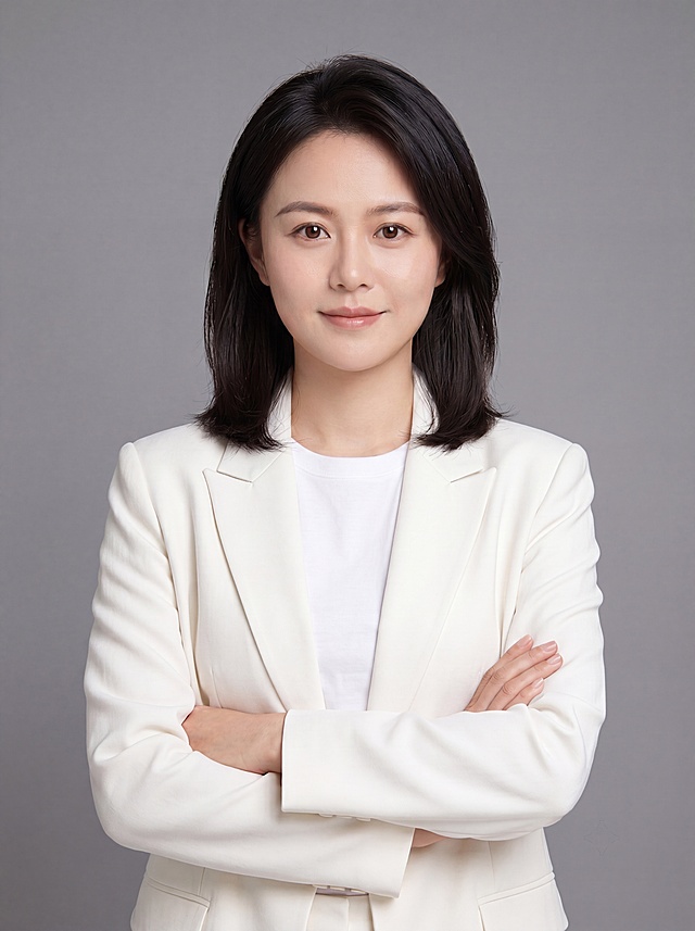 在保留人物脸型、五官特征和整体构图的基础上，将脸部适当调小，增强美颜效果，让面部更修长，进一步磨皮柔肤，保留自然皮肤质感，整体妆感更清透，保持米白色西装和中性灰背景不变