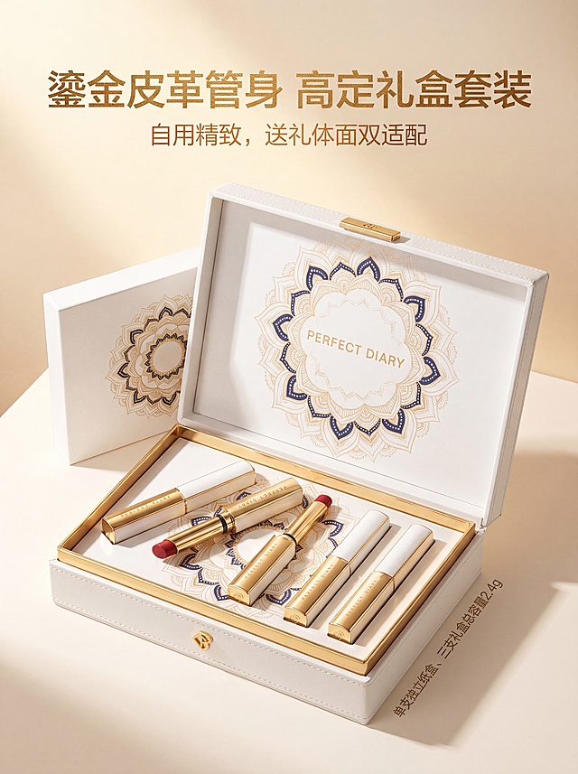 统一规范：全页暖金轻奢写实风，非遗纹样仅作低透底纹 / 边框装饰，不遮挡产品、人脸核心区域；配色限定 #ecdb90、#eacc5b、#5c8d84、#92bfd5、#66a1cc、#7890b5；8K 真人静物实拍，无卡通手绘；全套产品参数整合至第 10 屏，全文总字数控制 3000 内。
第一屏｜主 KV 视觉屏
主文案："非遗鎏金小细跟 丝绒哑光"
副文案："傣族纹样联名高级唇妆｜完美日记恣意出色丝绒细管口红"
文案设计与排版：主文案画面上方居中放大，粗衬线复古金色字体；副文案置于主文案正下方，纤细浅米色字体，字号缩小 1/2。
画面主体与构图：画面中心平铺全套香槟金小细跟口红，底层铺 15% 透明度孟定傣族曼陀罗对称暖金非遗纹样；右侧搭配氛围感东亚女生侧脸人像，柔光桌面对称居中构图，纹样铺满背景，不遮挡口红与人像。
画质与细节：8K 超高清写实实拍，口红鎏金金属反光、皮革管身纹理清晰，人像原生皮肤细腻，暖金色柔和柔光，无噪点模糊，光影均匀。
第二屏｜管身膏体核心质地屏
主文案："皮革细跟管 顺滑丝绒膏体"
副文案："一抹上色不拔干，植润粉体淡化唇纹，干唇深唇友好"
文案设计与排版：主文案左上加粗金色大字，副文案紧随下方浅灰细字体。
画面主体与构图：原木居家化妆台实景，女生手持口红涂抹唇部；画面四周嵌入 35% 透明度傣族花卉缠枝纹样做装饰边框；桌面多角度摆放口红丝绒布景，小字标注提示：膏体旋出≤2mm，伸出过长易断裂；画面分栏对比干裂原生唇、涂后饱满丝绒唇妆。
画质与细节：8K 无滤镜原生实拍，皮革拼接、丝绒膏体质感清晰，自然光通透柔和，纹样精致不抢主体。
第三屏｜全色系场景展示屏
主文案："多色系全覆盖 通勤约会双适配"
副文案："黄皮显白，素颜淡妆百搭不突兀"
文案设计与排版：主文案顶部居中粗鎏金字体，副文案下方浅暖橙纤细小字。
画面主体与构图：左右双栏场景构图，左栏办公室通勤裸调色 L01、L02，右栏咖啡馆约会红棕 L04；侧边嵌入 30% 透明度简化曼陀罗纹样做分割装饰；完整标注 6 大色号：L01 芭蕾裸粉、L02 玫瑰小羊皮、L03 枫叶南瓜、L04 赤茶红棕、L05 午夜麋鹿、L06 复古小羊皮。
画质与细节：8K 真人写实拍摄，原生淡妆皮肤质感自然，口红金属光泽细腻，冷暖场景光影统一，纹样简约柔和。
第四屏｜持久持妆养唇实测屏
主文案："防水防蹭实测 喝水不沾杯"
副文案："全天持妆不易掉色，柔润养唇配方，敏感唇放心上妆"
文案设计与排版：主文案顶部加粗金色字体，副文案下方雾霾蓝纤细小字。
画面主体与构图：纯白桌面实景测试布景，左侧玻璃杯无唇印、右侧纸巾擦拭不掉色；桌面搭配植萃原料静物，底部铺 20% 透明度浅金傣族花卉底纹；测试区域外框用 38% 透明度菱形非遗纹样装饰。
画质与细节：8K 静物写实实拍，玻璃杯通透质感、膏体附着纹理清晰，室内柔光均匀，边框纹样层次细腻。
第五屏｜新手精准上妆屏
主文案："纤细旋转膏体 精准勾勒唇峰"
副文案："新手轻松画出饱满精致唇形"
文案设计与排版：主文案画面上方加粗鎏金字体，副文案下方浅杏色细字体。
画面主体与构图：原木化妆台近景特写，女生手持细管口红精细勾勒唇峰；画面上下分割线采用 32% 透明度傣族传统卷草纹样，竖版构图聚焦手部与唇部动作。
画质与细节：8K 近距离写实拍摄，纤细膏体、皮革烫金 logo 纹理清晰，室内柔光柔和，分割纹样简约精致。
第六屏｜全天多场景适配屏
主文案："一支搞定全天三场景"
副文案："上班 / 逛街 / 约会通用，素颜淡妆都适配"
文案设计与排版：主文案顶部居中粗金色字体，副文案下方浅蓝纤细小字。
画面主体与构图：三等分三宫格实拍拼接，左办公室通勤、中街街头逛街、右餐厅约会；每格四角点缀 30% 透明度小型曼陀罗纹样；右下角标注礼盒规格：3 支装 L01+L02+L04，单支净含量 0.8g。
画质与细节：8K 分镜真人实拍，三场景光影色调统一，唇部妆效清晰，角落纹样小巧不遮挡人物。
第七屏｜买家口碑佐证屏
主文案："千位买家真实口碑实拍"
副文案："大众实测认可丝绒哑光高级妆效"
文案设计与排版：主文案顶部加粗鎏金字体，副文案下方浅灰细字体。
画面主体与构图：简约纯白桌面，手机原生买家秀截图平铺摆放；整体画面外框包裹 35% 透明度傣族菱形装饰纹样，横向居中平铺构图。
画质与细节：8K 静物写实拍摄，手机屏幕画面清晰，边框纹样层次细腻，室内白光柔和均匀。
第八屏｜权威安全资质屏
主文案："权威彩妆 SGS 检测报告"
副文案："合规温和安心上唇，备案资质齐全"
文案设计与排版：主文案左上加粗金色字体，副文案下方浅暗蓝纤细小字。
画面主体与构图：原木桌面平铺口红 + 纸质检测报告，报告四周边框用 38% 透明度傣族缠枝纹样装饰；静物居中斜拍，报告清晰展示备案编号：粤 G 妆网备字 2020182829。
画质与细节：8K 高清静物实拍，报告文字、口红金属纹理清晰，窗边自然光柔和，边框纹样复古精致。
第九屏｜礼盒送礼展示屏
主文案："鎏金皮革管身 高定礼盒套装"
副文案："自用精致，送礼体面双适配"
文案设计与排版：主文案顶部居中粗鎏金字体，副文案下方暖橙纤细小字。
画面主体与构图：柔光米白桌面静物实拍，多支口红多角度开盖陈列；白色高定礼盒内部铺满 20% 透明度完整孟定傣族曼陀罗纹样，全套口红摆放礼盒内；侧边标注包装规格：单支独立纸盒、三支礼盒总容量 2.4g。
画质与细节：8K 超高清静物拍摄，皮革拼接、金属烫金 logo 反光细腻，礼盒纹样柔和完整，暖金氛围感强烈。
第十屏｜完整产品参数规格屏
主文案："产品参数"
副文案："规格明细"
文案设计与排版：主文案表格上方居中加粗金色字体，副文案紧随下方浅米色细字体；表格正文浅黑宋体，分区小标题金色加粗小字。
画面主体与构图：白底规整图文参数表格，四边边框使用 33% 透明度傣族花卉纹样；表格分五大板块完整排版信息：
1. 基础参数：品牌完美日记 PERFECT DIARY，全称恣意出色丝绒细管口红（小细跟），哑光丝绒唇膏，产地江苏苏州，单支 0.8g；未开封保质期 3 年，开封建议 12 个月用完；备案粤 G 妆网备字 2020182829，非特殊化妆品；丝绒哑光质地顺滑不拔干，淡香无浓烈香精。
2. 外观规格：鎏金金属 + 白色皮革细高跟外壳，纤细伸缩细管；膏体旋出≤2mm，过长易断；单支独立纸盒，可选多支礼盒。
3. 色号规格：6 色单支均 0.8g：L01 芭蕾裸粉、L02 玫瑰小羊皮、L03 枫叶南瓜、L04 赤茶红棕、L05 午夜麋鹿、L06 复古小羊皮；礼盒 3 支装 L01+L02+L04。
4. 成分使用提示：柔润丝绒粉体 + 保湿油脂；全唇肌适用，干唇建议润唇膏打底；涂抹力度轻柔，避免高温存放防止膏体折断。
5. 包装规格：单支 1 盒 0.8g，三支礼盒总 2.4g；外包装纸质彩盒，管身为金属皮革复合材质。
居中规整构图，纹样仅作表格边框，不遮挡文字。
画质与细节：8K 高清平面写实拍摄，表格文字清晰无模糊，边框纹样淡雅简约，整体统一暖金配色，干净通透。「图片1」「图片1」请使用电商详情页技能