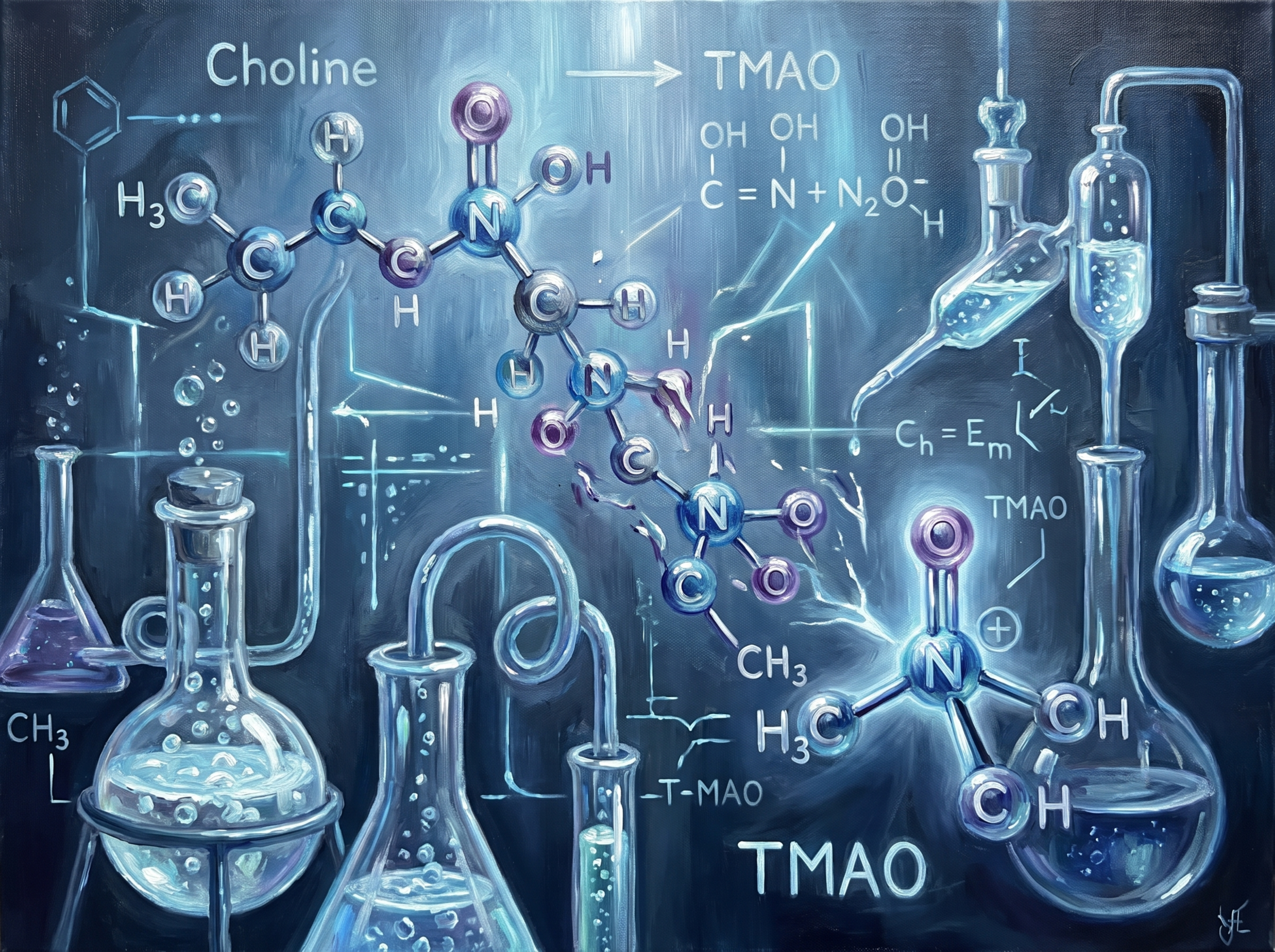 胆碱分子转化为TMAO的化学变化过程，采用冷科学光线，超现实主… - 图片创意预览