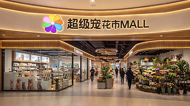 生成超级宠花市MALL商场室内入口品牌logo效果图，商场内包含宠物店和鲜花店，现代商业空间，logo醒目大气，暖光氛围，真实商场场景，保持logo清晰完整，符合商业品牌展示效果