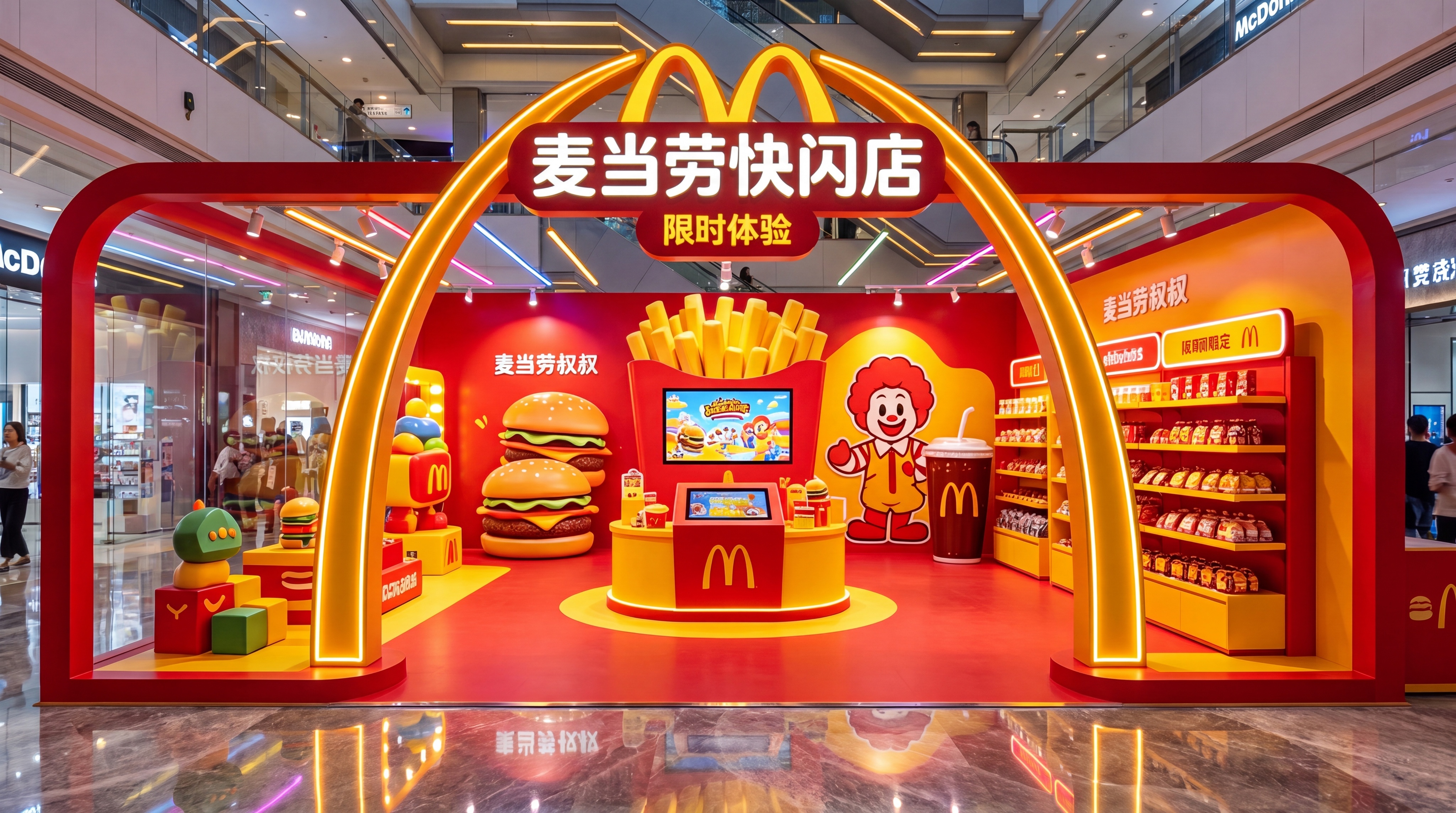将这个麦当劳快闪店设计图转换为真实商场内的实景照片，添加展厅霓… - 图片创意预览