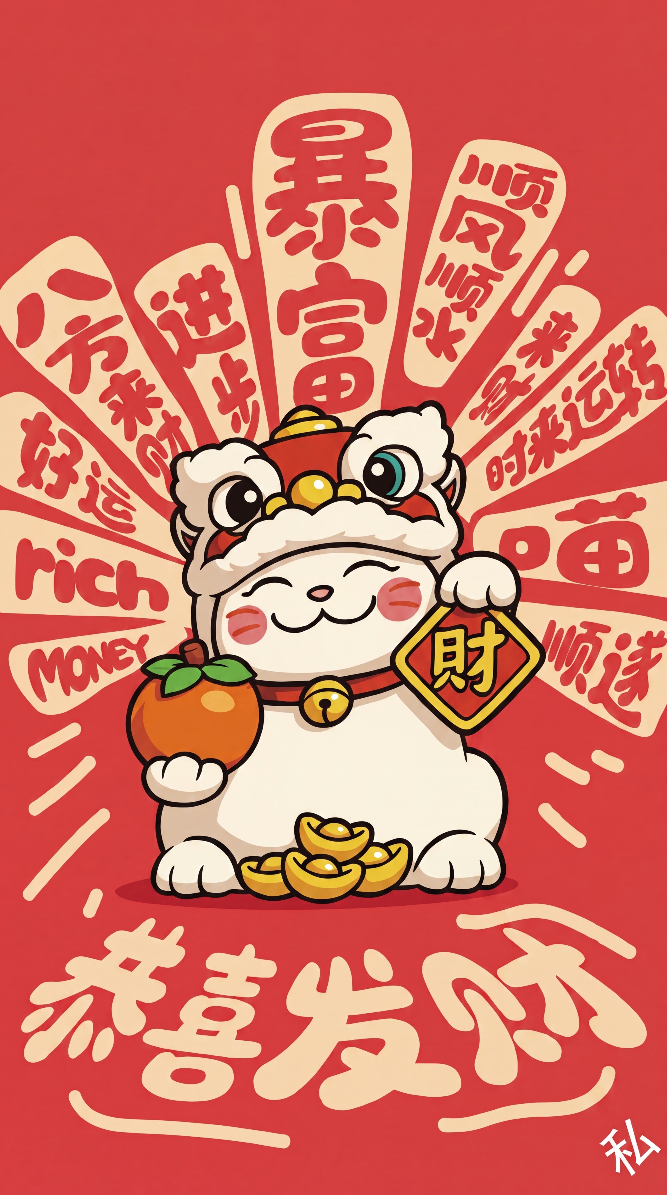 扁平插画风格，正面朝向观众、摆正姿态的招财猫红包图案：一只白底… - 图片创意预览