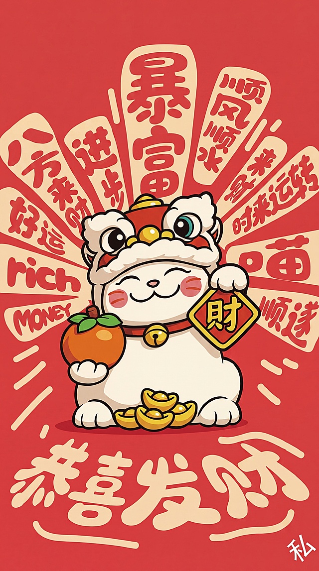 扁平插画风格，正面朝向观众、摆正姿态的招财猫红包图案：一只白底招财猫戴狮头帽，手持‘财’字方块与橙子，脚边堆金币，背景放射状文字‘恭喜发财’‘暴富’‘八方来财’‘好运’‘rich MONEY’等；红底；超高清，无阴影，严格按参考图构图与元素布局复现