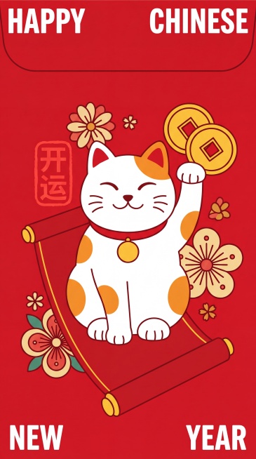 扁平插画风格，正面朝向观众、摆正姿态的招财猫红包图案：一只白底招财猫坐于红色卷轴上，手举两枚金币，周围有花朵、‘开运’印章；背景红底，左上角‘HAPPY’、右上角‘CHINESE’、左下角‘NEW’、预览效果