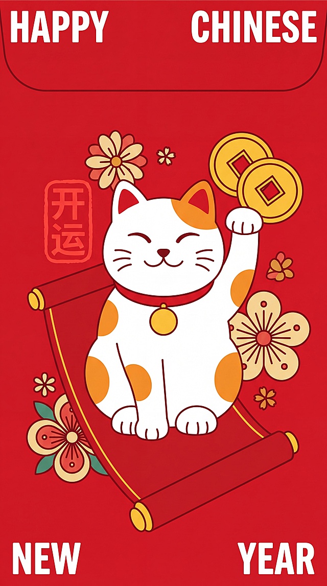 扁平插画风格，正面朝向观众、摆正姿态的招财猫红包图案：一只白底招财猫坐于红色卷轴上，手举两枚金币，周围有花朵、‘开运’印章；背景红底，左上角‘HAPPY’、右上角‘CHINESE’、左下角‘NEW’、右下角‘YEAR’；超高清，无立体阴影