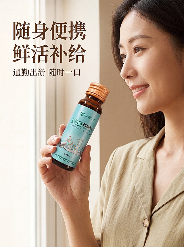 [第5屏] 刺梨原汁模特展示详情页，随身便携场景分享。本屏使用【图1】产品作为商品主体。
[氛围/风格] 温馨生活风，浅米色窗边背景，柔和自然光，真实自然生活感，商业人像摄影质感。
[元素布局] 右侧为亚洲女性半身人像，左手手持刺梨原汁瓶，产品置于人物身前中部，占比约65%，产品清晰完整，包装文字和外观与【图1】保持一致；左侧留白放标题文案，窗边环境保留柔和虚化背景。
[光影质感] 左侧窗边自然光入射，人物和产品受光均匀，右侧柔和阴影，整体通透温暖。
[配色色系] 全局底色 #f8f3e9；主色米白色背景，深棕色文字，浅卡其色服装。
[视角构图] 平视半身人像构图，产品位于画面视觉中心，阅读动线左侧标题→中部产品→右侧人物。
[文字版式] 左侧主标题“随身便携 鲜活补给”，深棕色温润宋体左对齐；副标题“通勤出游 随时一口”，排版在主标题下方，文字清晰不遮挡产品主体。
[比例分辨率] 宽度1080像素，高度1440像素，3:4竖版比例，4K分辨率，文字清晰可辨，高清画质。
[负向提示词] 产品变形，包装文字错乱，人物面部扭曲，文字遮挡产品，水印。