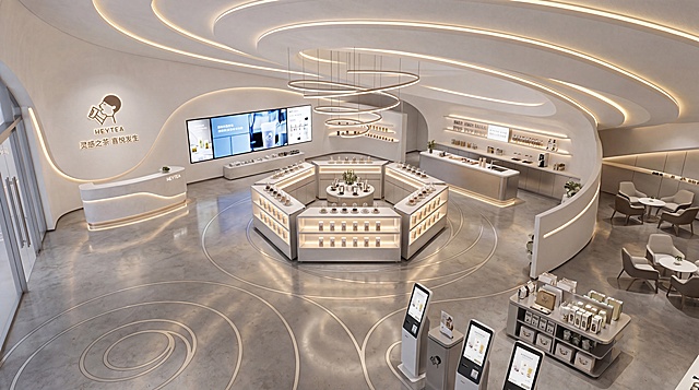 参考图一的外观建筑风格，重新生成一张喜茶展厅内部效果图，整体采用现代简约流线型设计，保持与外观一致的白色螺旋纹理造型，布局符合图二的平面布局图，包含入口、接待登记区、企业宣传展示区、中央六边形猜茶实验室产品展示区、DIY工作坊、洽谈区、快闪门店区域，现代轻奢风格，明亮干净，整体空间设计流畅统一，带有喜茶品牌标识，更换空间设计细节和光影效果