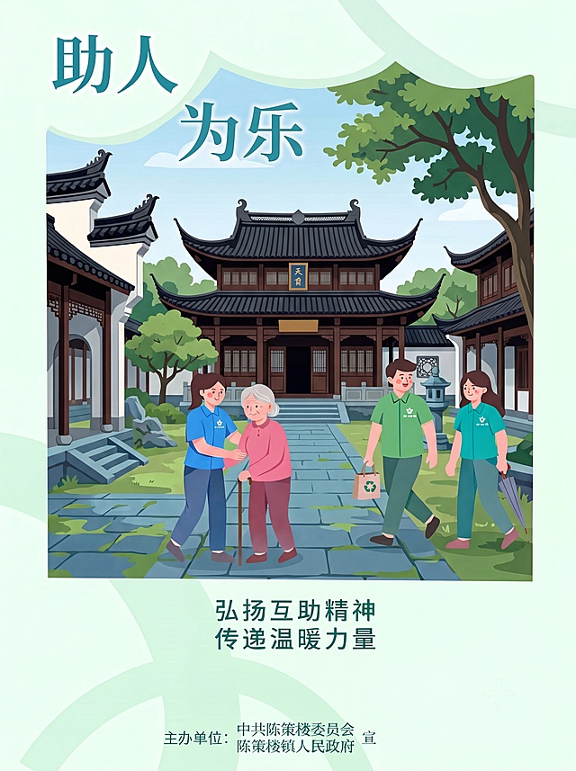 助人为乐主题公益海报，扁平插画风格，顶栏大字标题"助人为乐"，背景替换为宁波天一阁标志性建筑（黑瓦马头墙、古朴庭院、青石铺地），前景为三位志愿者陪伴一位拄拐老人漫步于庭院小径的温馨场景，人物穿着统一志愿马甲，配色清新柔和（蓝绿主调），底部标语"弘扬互助精神，传递温暖力量"，左下角标注主办单位：中共陈策楼委员会 陈策楼镇人民政府 宣, A4尺寸比例3:4，文字清晰可读，版式精美, 与参考图排版结构一致。