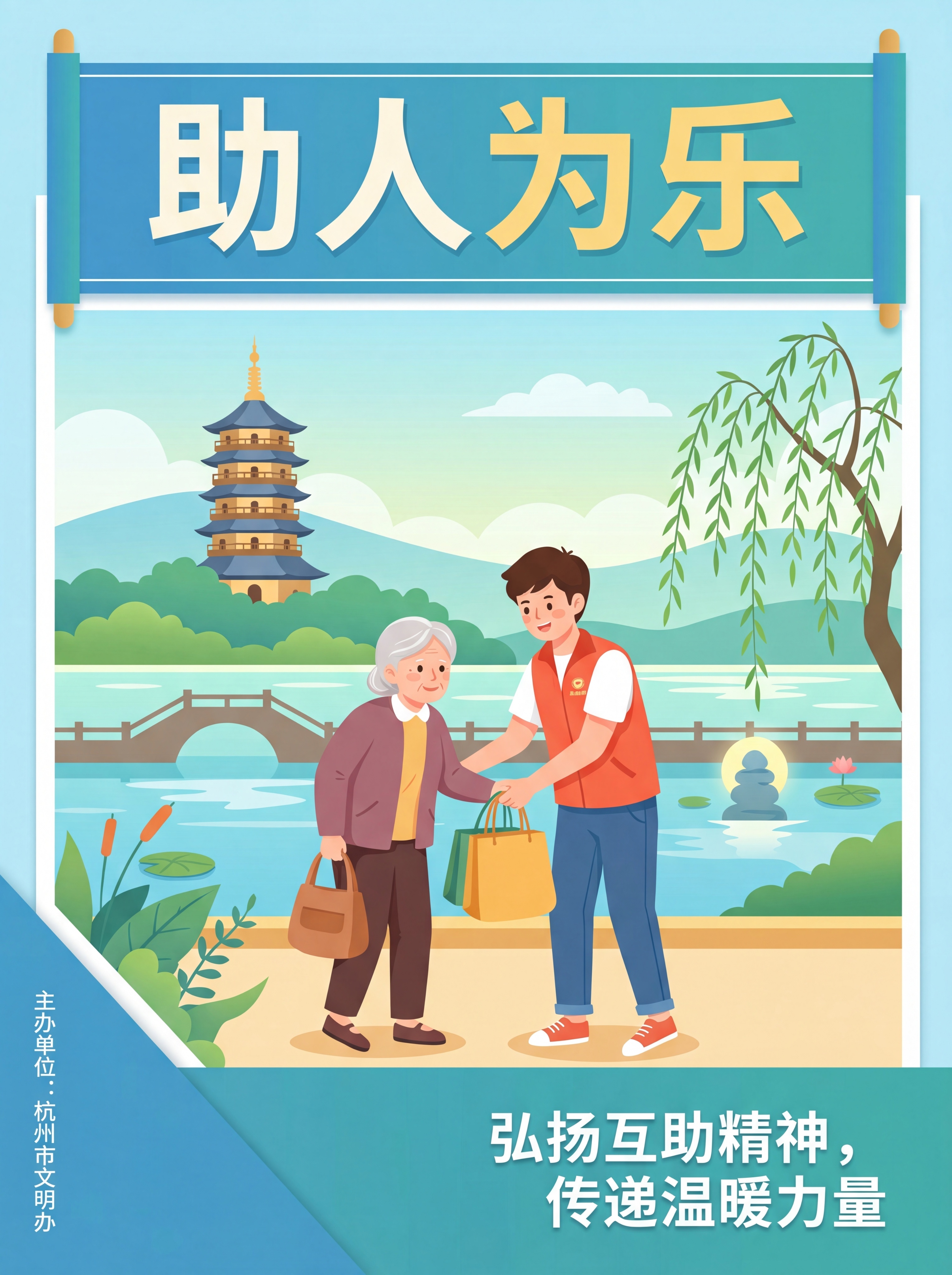 助人为乐主题公益海报，扁平插画风格，顶栏大标题"助人为乐"，画… - 图片创意预览