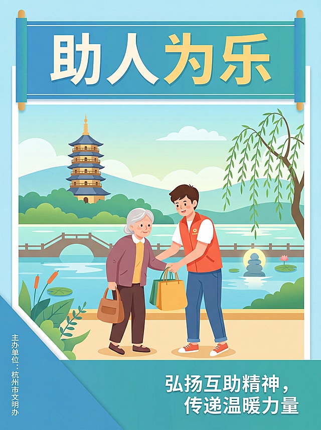 助人为乐主题公益海报，扁平插画风格，顶栏大标题"助人为乐"，画面主体为杭州西湖背景，青年志愿者帮助老人拎包的温暖场景，整体配色清新明快，版式精美，底部配公益标语"弘扬互助精神，传递温暖力量"，左下角标注主办单位信息，A4尺寸比例3:4，包含杭州西湖标志性景观，文字清晰可读，画面层次分明。