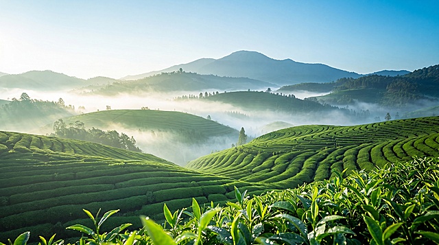 根据参考图生成PPT背景图，保留原图清新自然的茶山晨雾风格，去掉所有文字，整体画面干净简洁适合做PPT背景，保留高清质感和绿色调