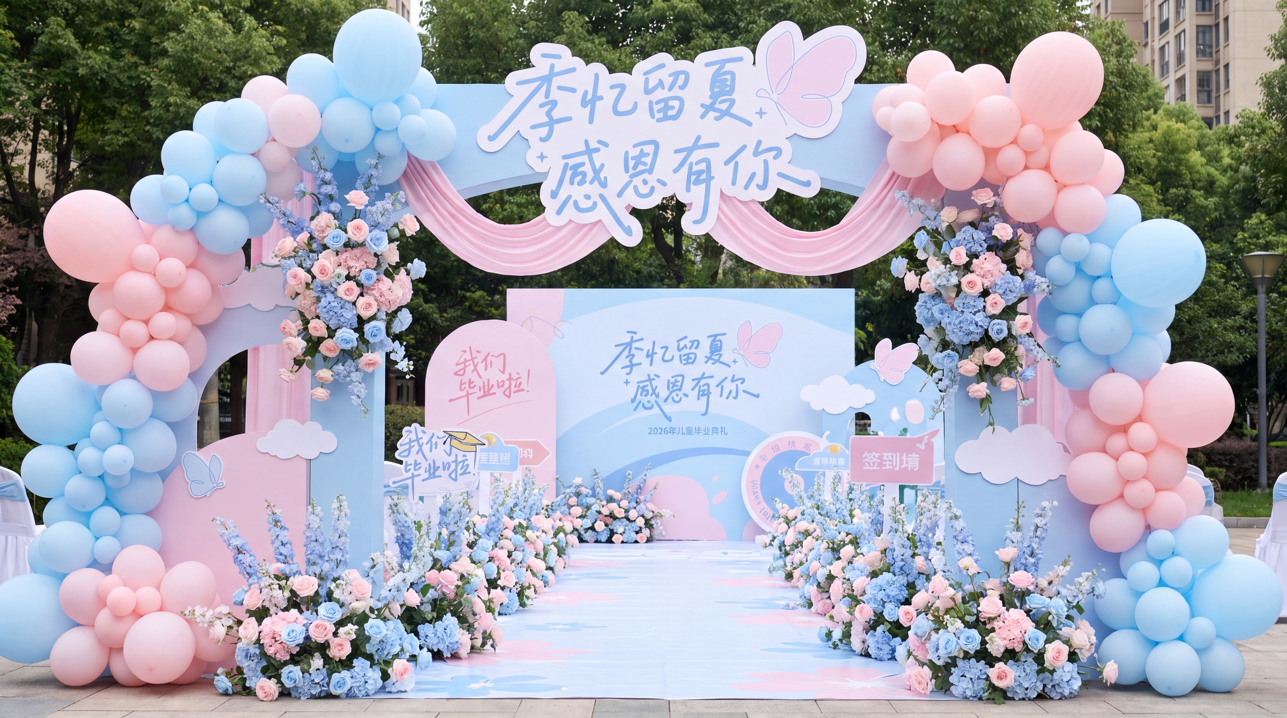 毕业主题活动拱门，参考图片设计，主色调淡蓝色和淡粉色，主题文字… - 图片创意预览