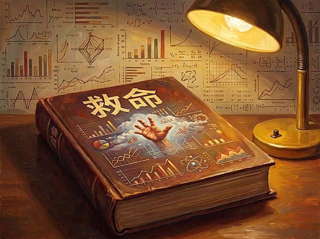 《救命》书封特写，背景为数据图表，营造权威学术感，采用暖黄学术光线，静物油画风格，比例4:3