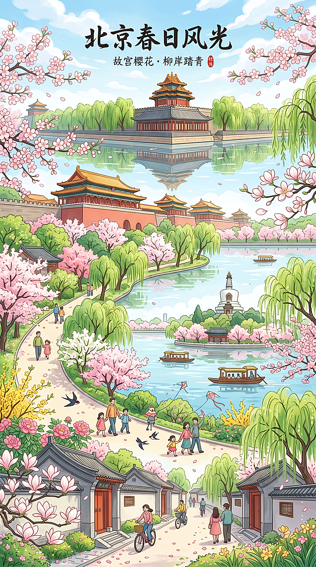 春天主题长图，展示北京的春日风光，包含故宫、樱花、柳树等典型元素，整体色调清新自然，充满生机