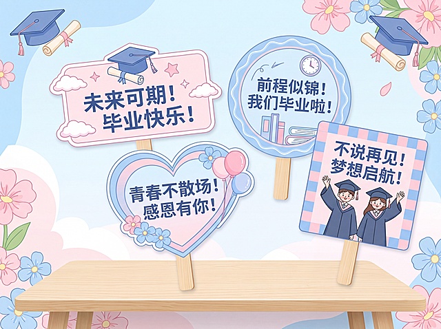一组毕业主题手举牌，共4款，参考图片设计，主色调淡蓝色和淡粉色，主题毕业季，每款手举牌配不同文字标语，小清新风格，和参考图不同设计，更换色调为淡蓝淡粉色